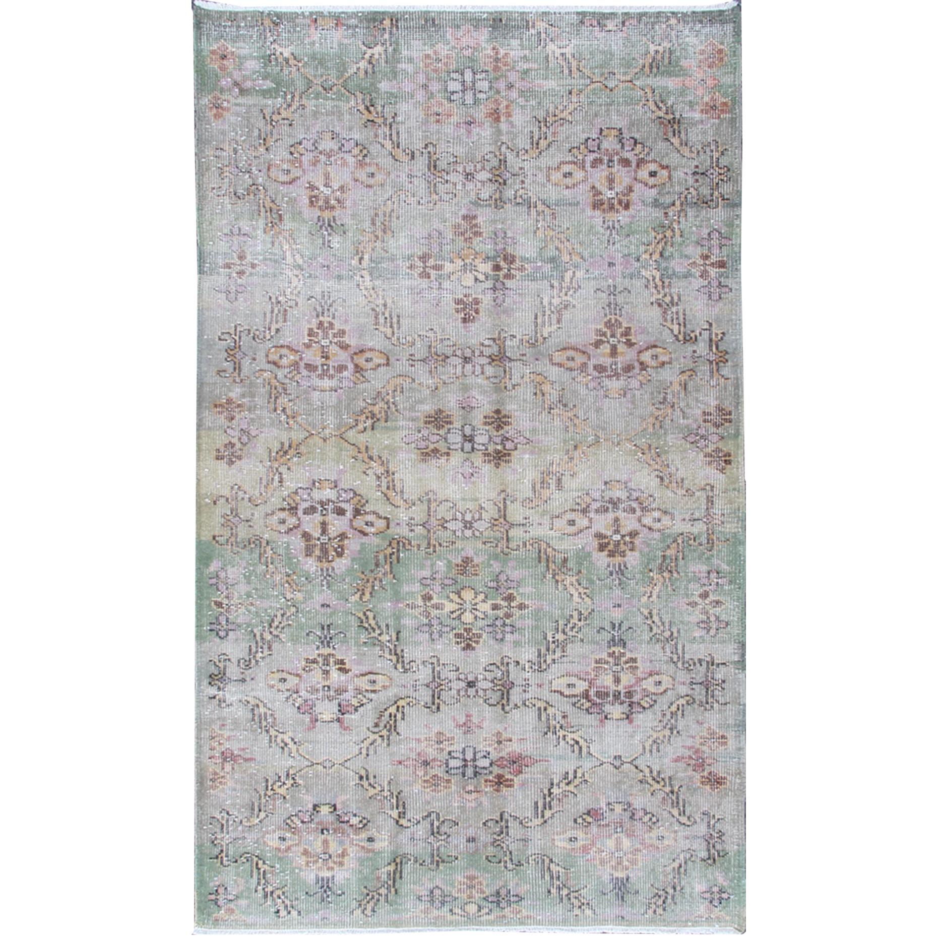 Distressed Turkish Rug with Mid-Century Modern Design in Light green For Sale