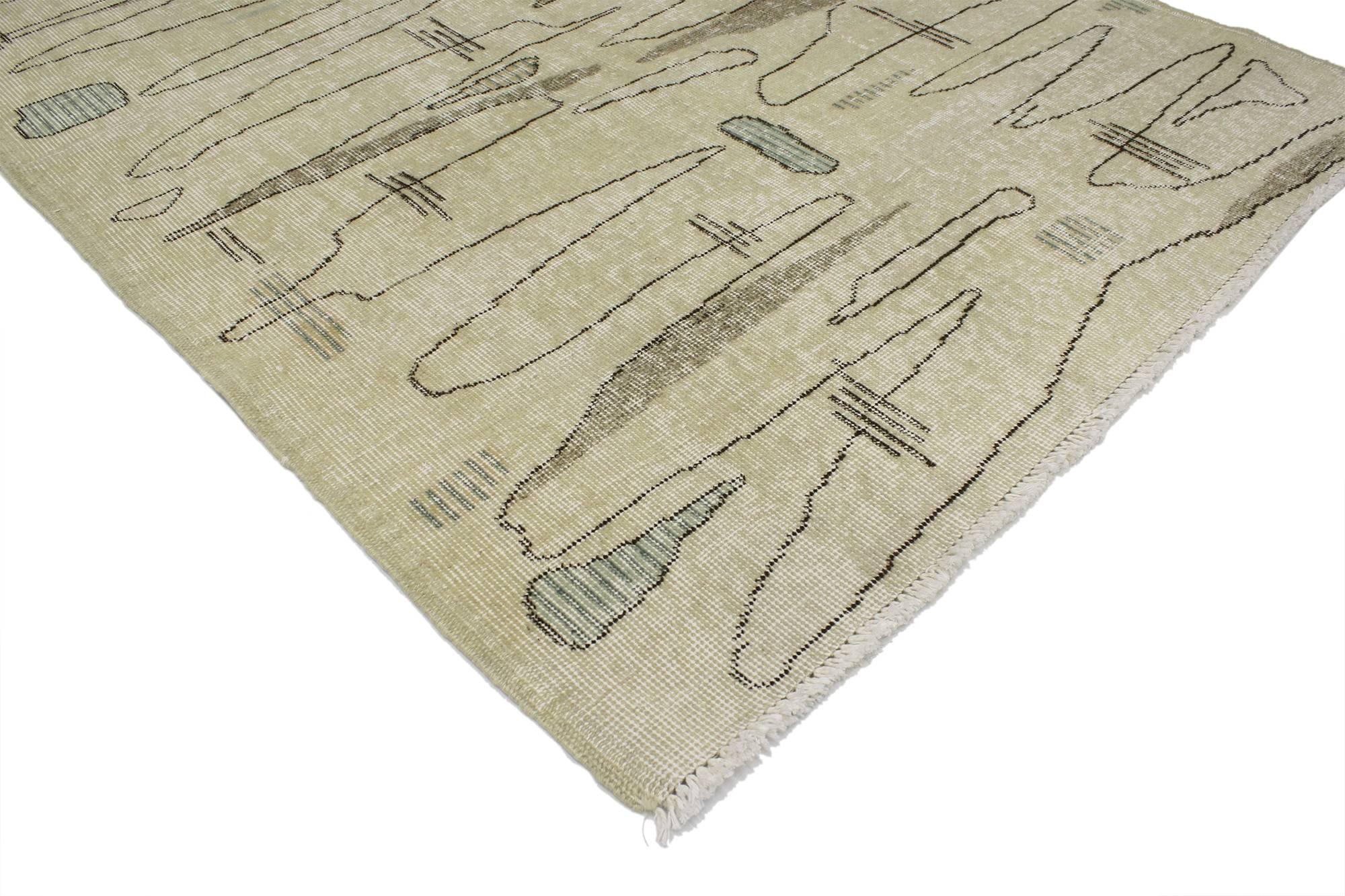 20th Century Distressed Turkish Sivas Rug with Industrial Art Deco Style, Muted Colors