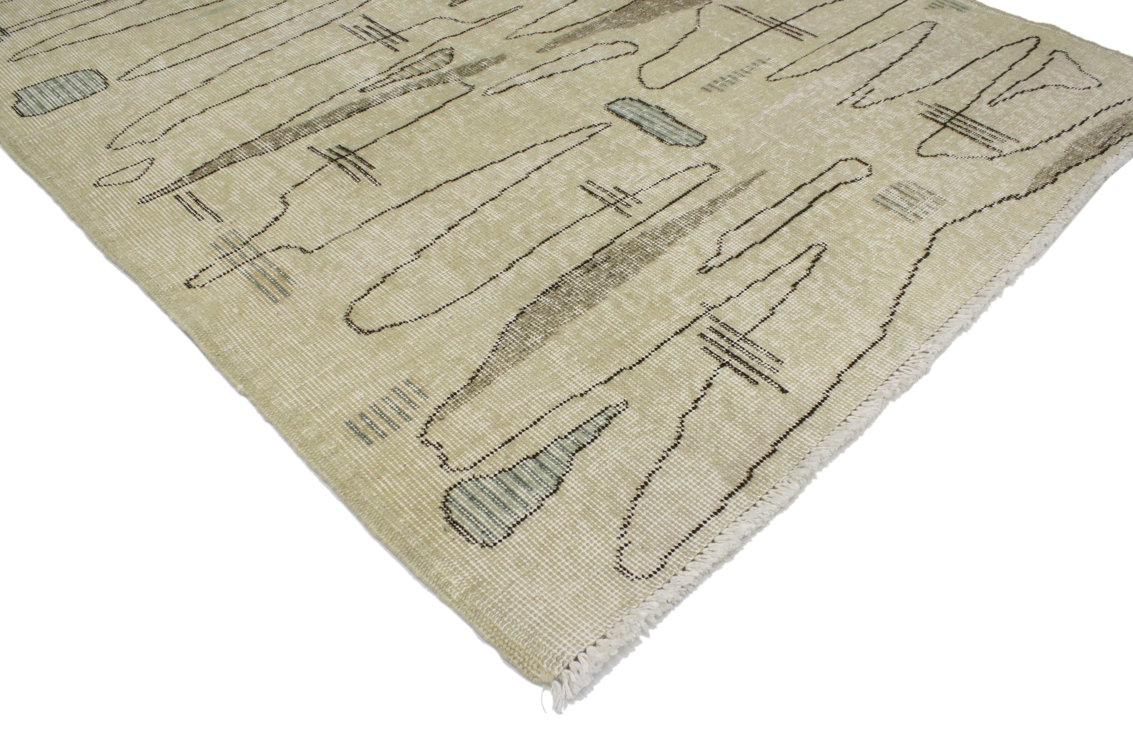 51959, distressed Sivas rug with Industrial Art Deco style with muted colors. This retro-style distressed Sivas rug recalls the designs of Turkish artist and composer Zeki Muren, active as a rug designer, circa 1960. Meandering strokes and soft