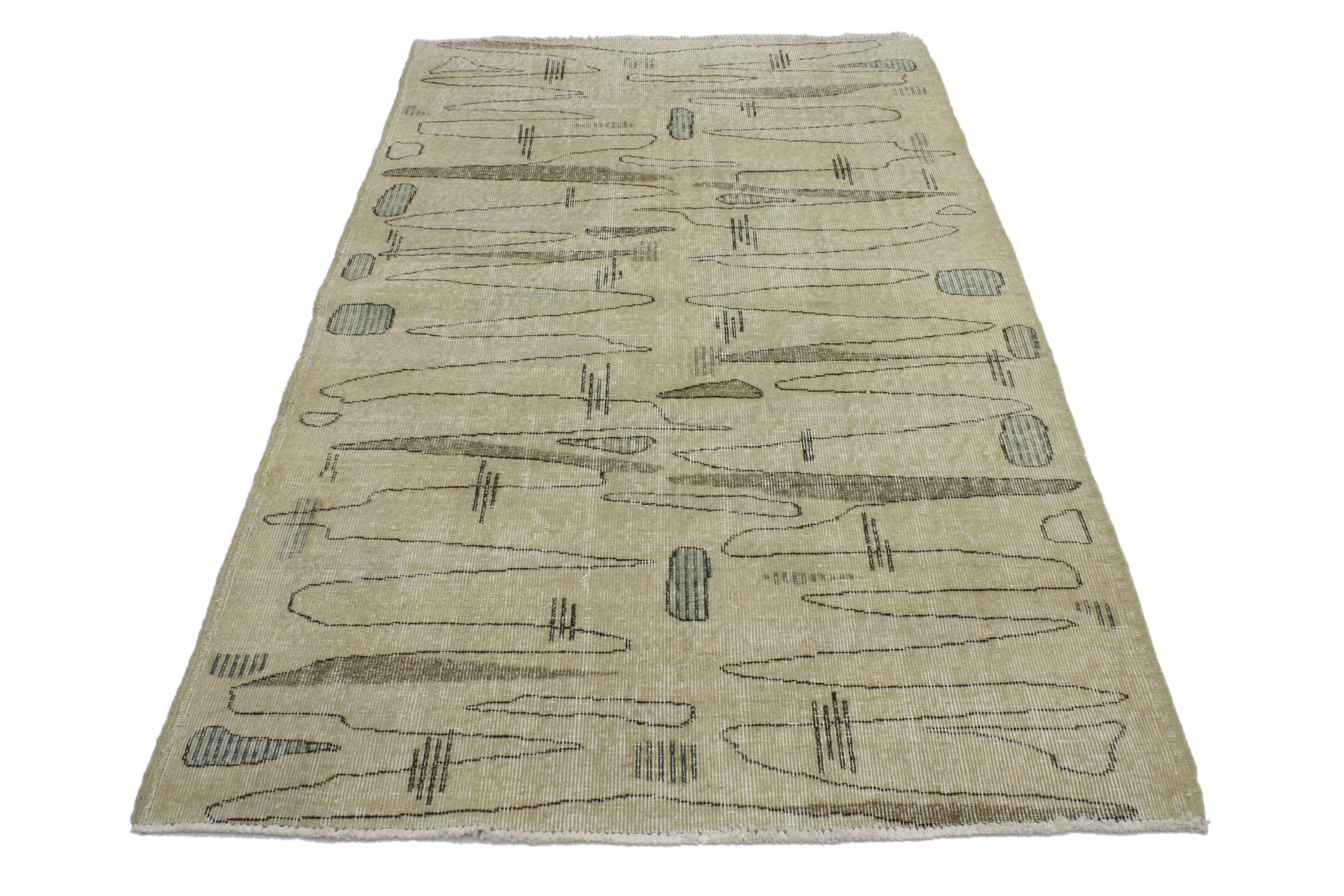 Distressed Turkish Sivas Rug with Industrial Art Deco Style, Muted Colors 1