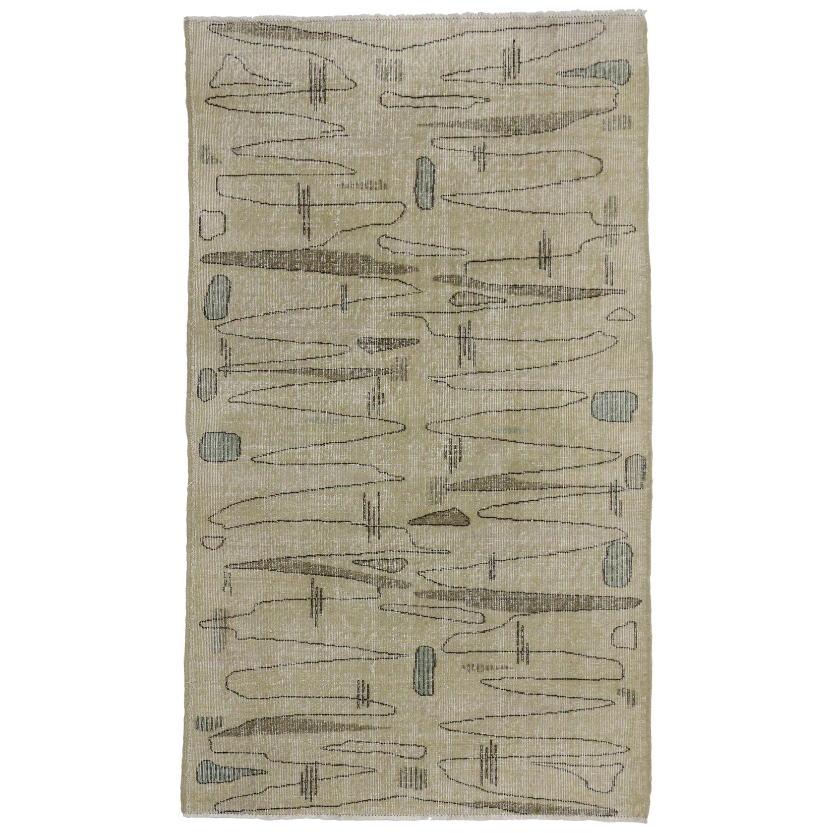Distressed Turkish Sivas Rug with Industrial Art Deco Style, Muted Colors