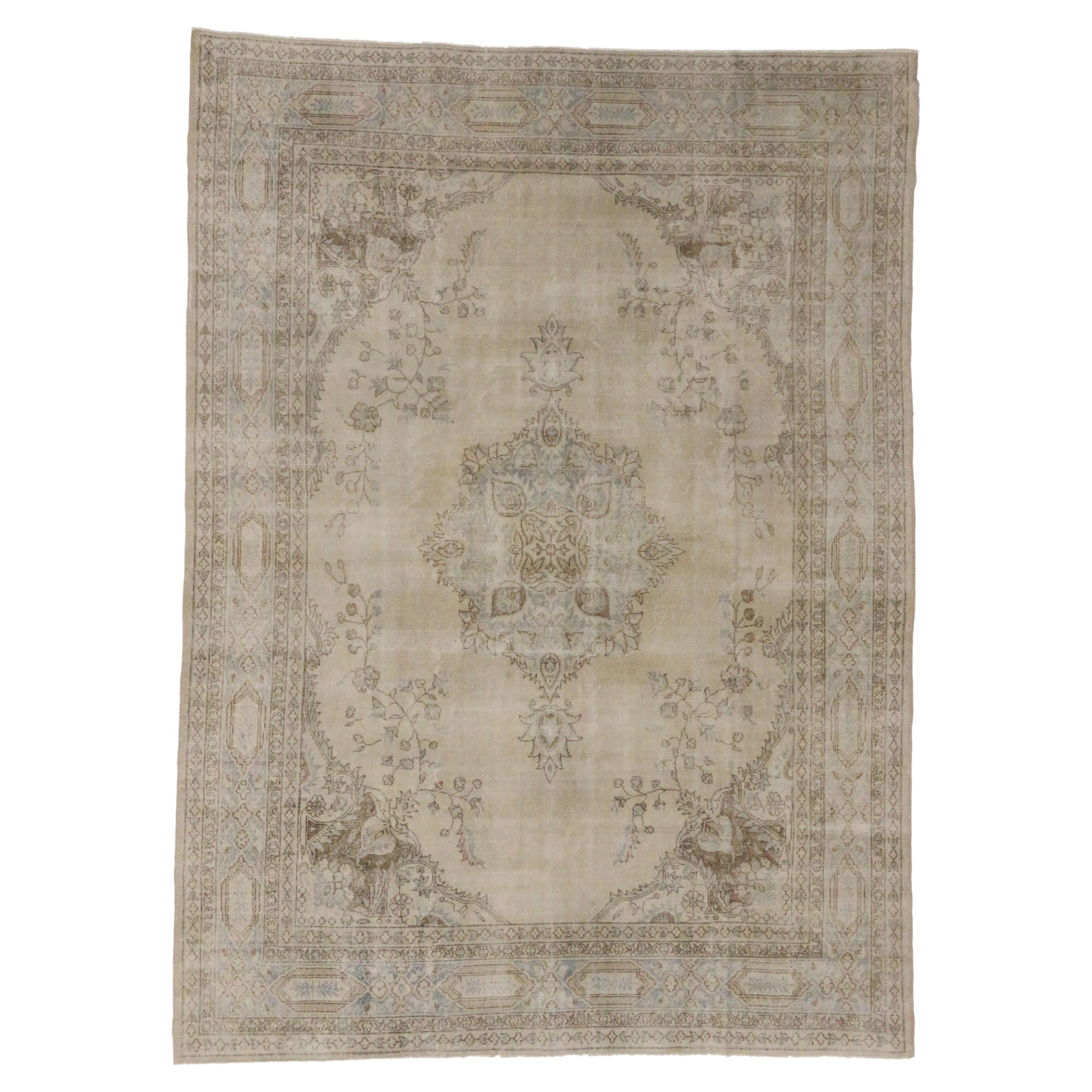 Distressed Turkish Sivas Rug with Shabby Chic Farmhouse Gustavian Style