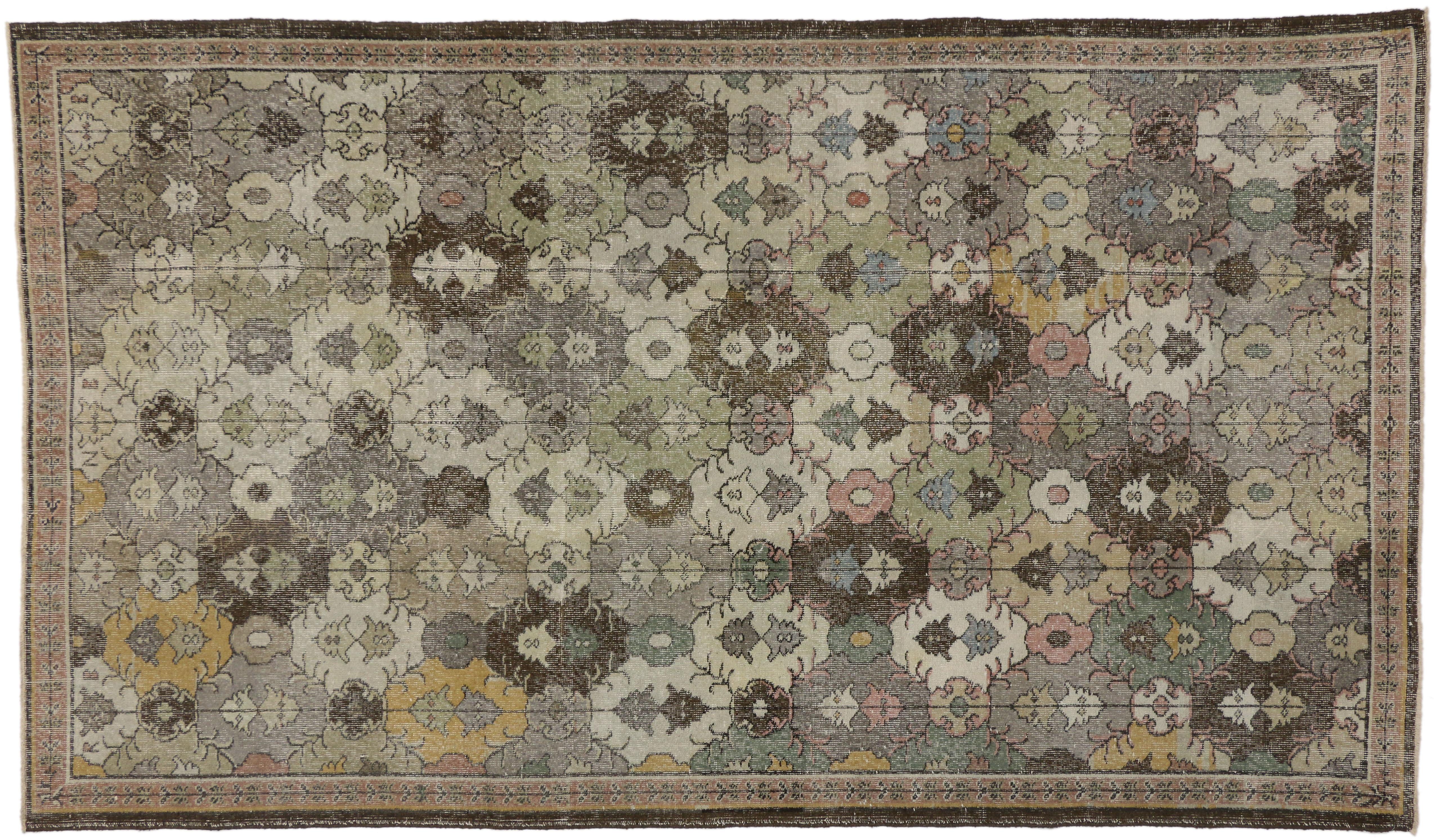 50873 Zeki Muren Distressed Vintage Turkish Sivas Rug with Industrial Art Deco Style. Warm and inviting combined with a bold pattern, this hand knotted wool distressed vintage Turkish Sivas rug embodies Art Deco style with a modern artisan twist. It