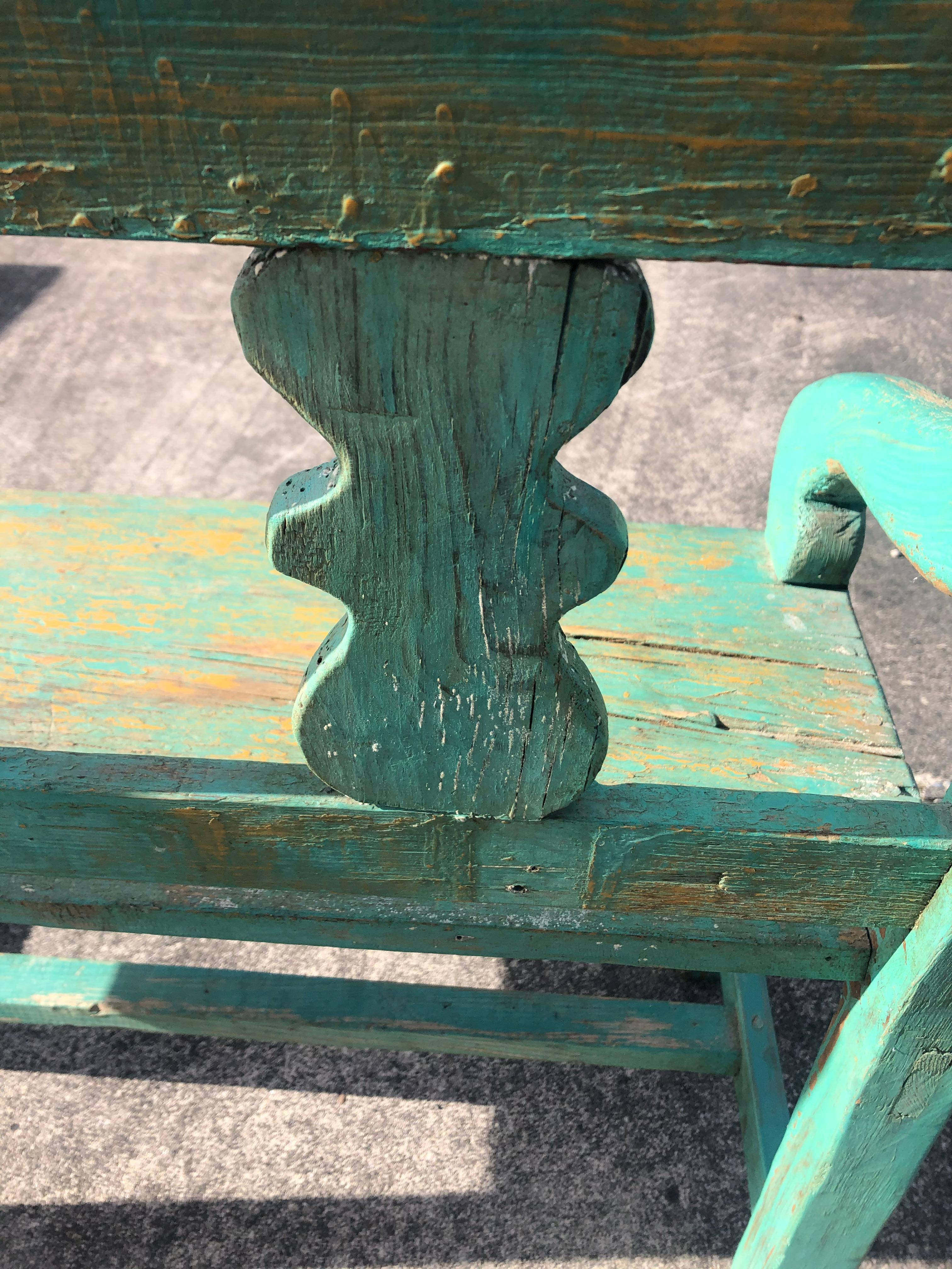 Early 20th Century Distressed Turquoise Antique Santa Fe Bench