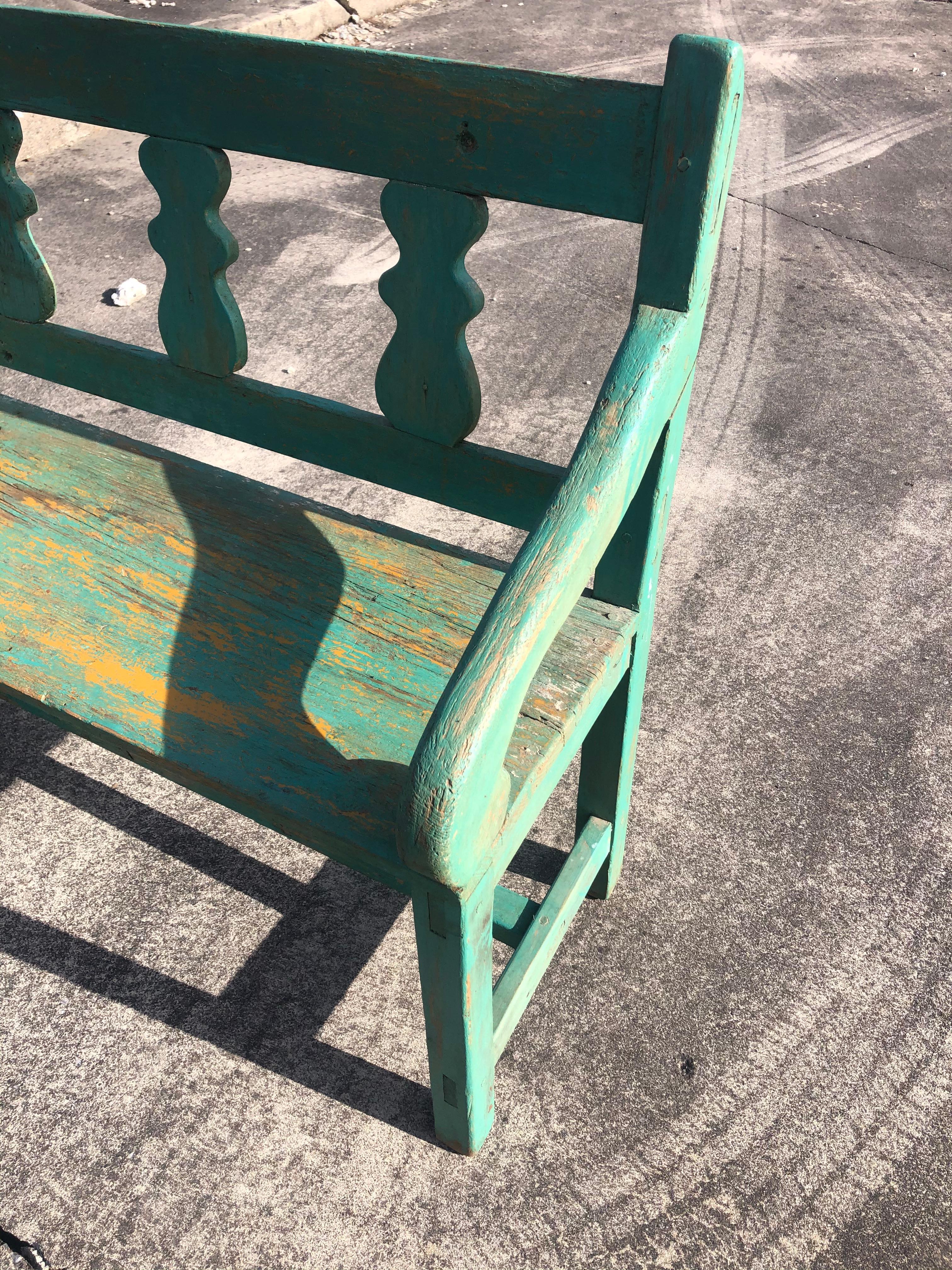 Rustic Distressed Turquoise Antique Santa Fe Bench