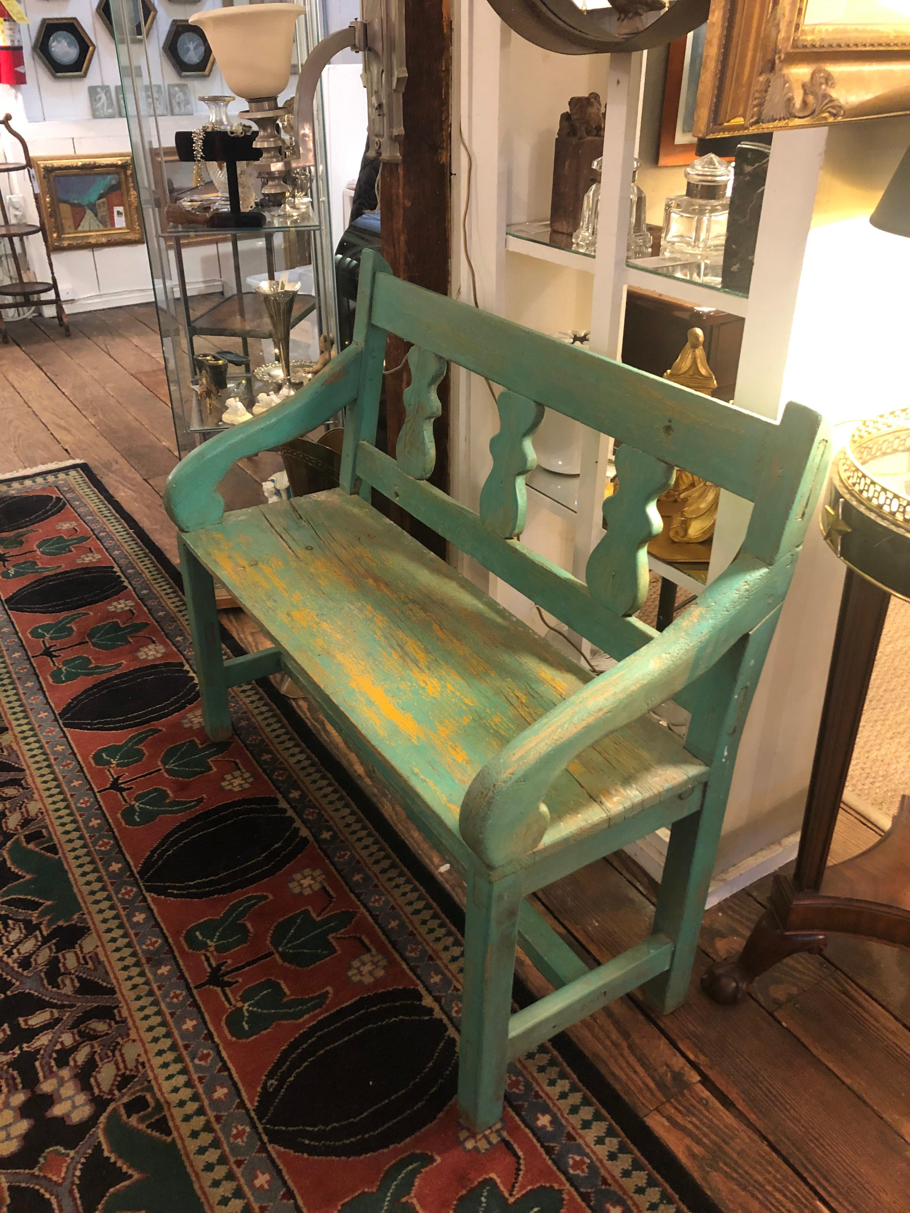 American Distressed Turquoise Antique Santa Fe Bench