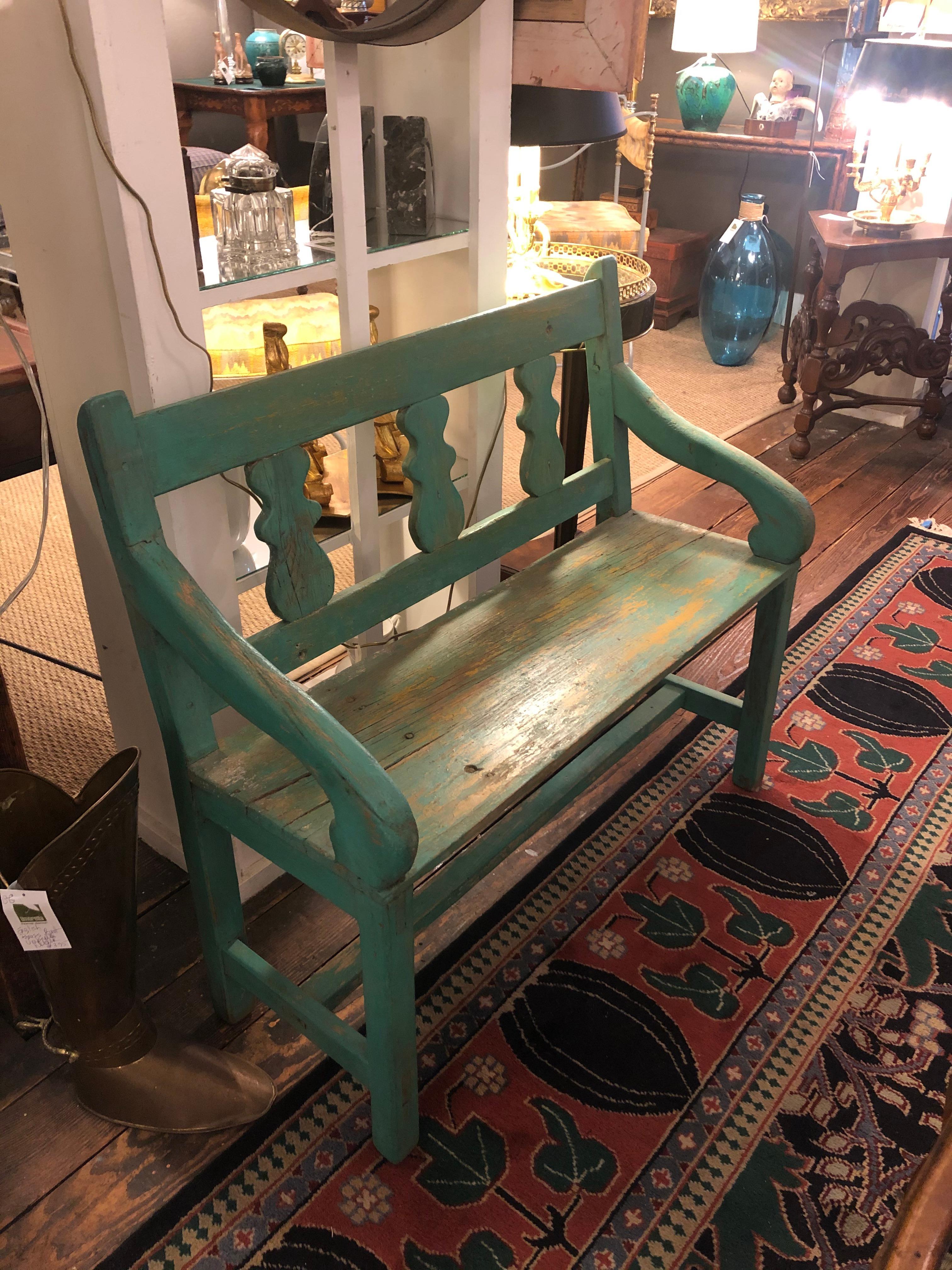 Painted Distressed Turquoise Antique Santa Fe Bench