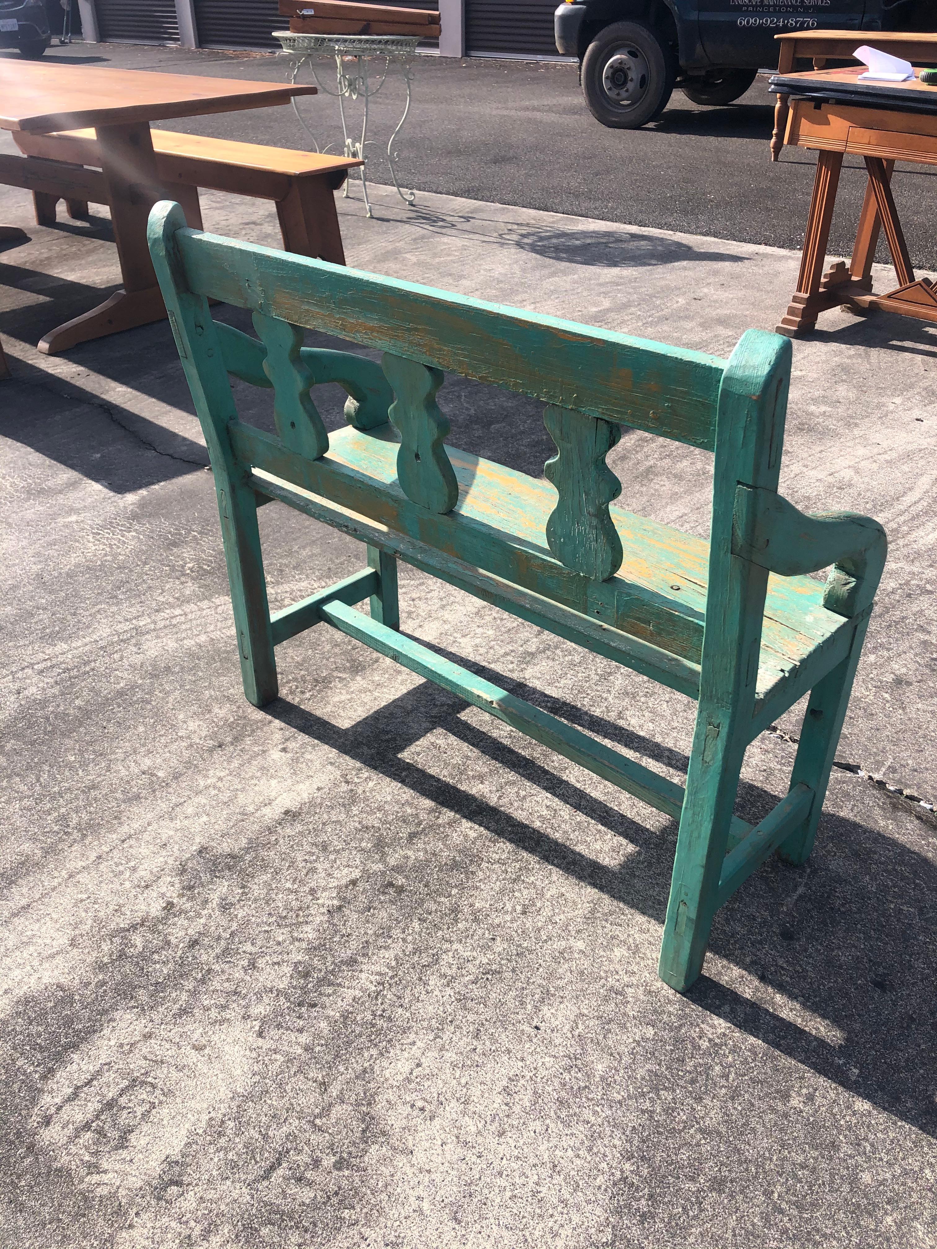 Distressed Turquoise Antique Santa Fe Bench In Distressed Condition In Hopewell, NJ