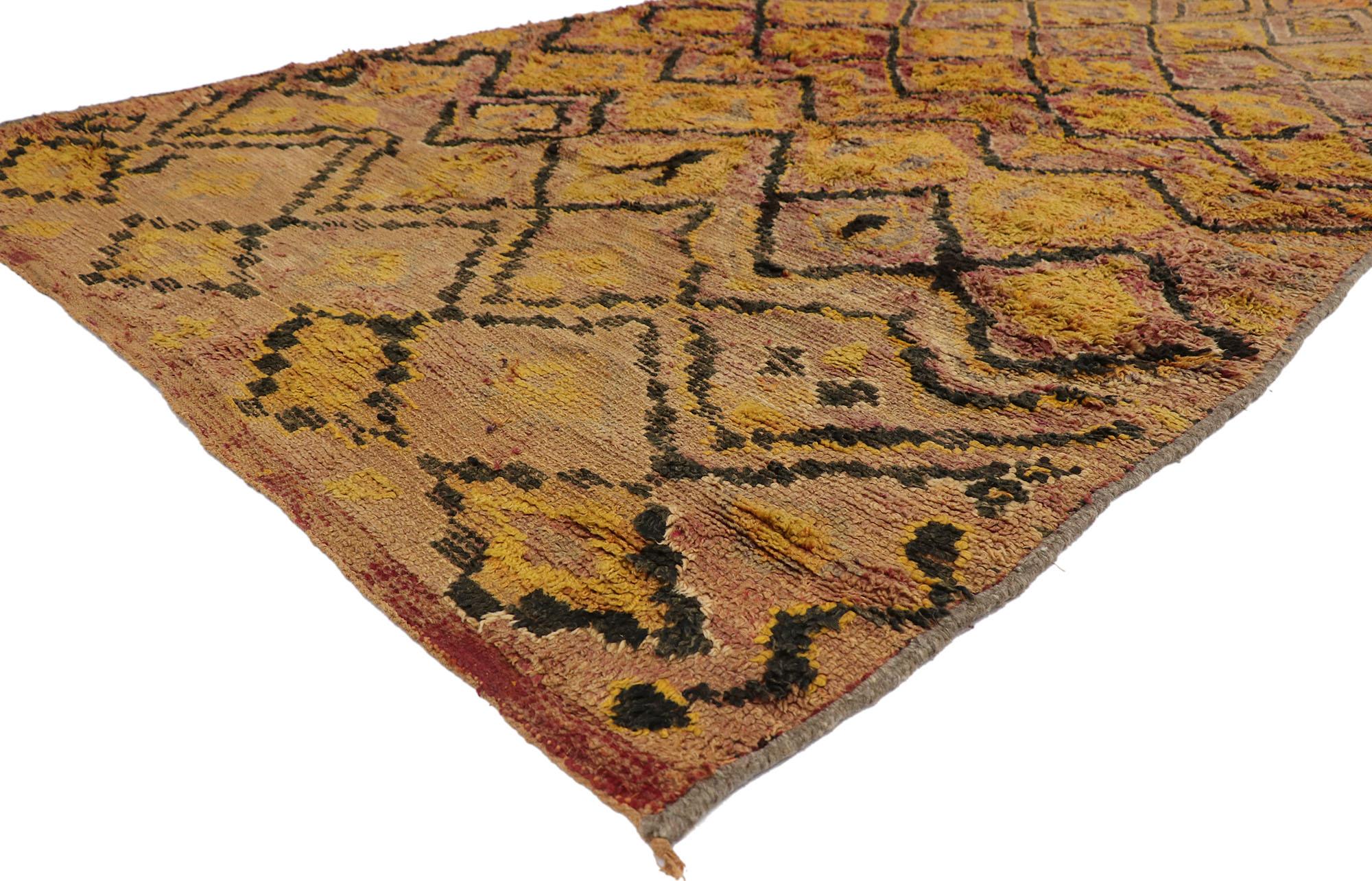 21303 Distressed Vintage Boujad Moroccan Rug, 05'11 x 10'00. Embark on a journey into the captivating charm of modern rustic design with this hand-knotted wool vintage Moroccan rug, a treasure from the vibrant city of Boujad nestled within the