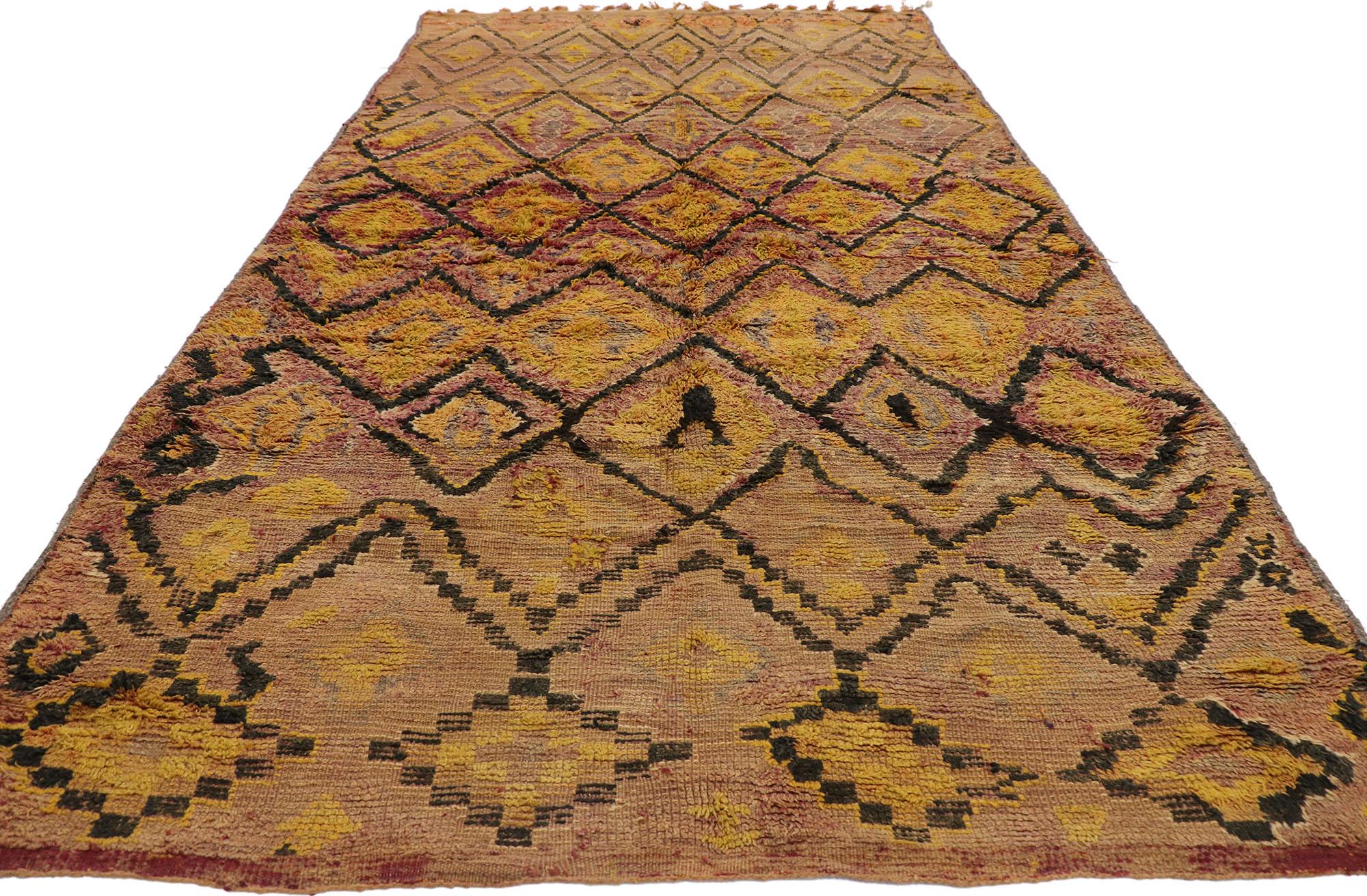 Rustic Distressed Vintage Boujad Moroccan Rug, Weathered Finesse Meets Cozy Nomad For Sale