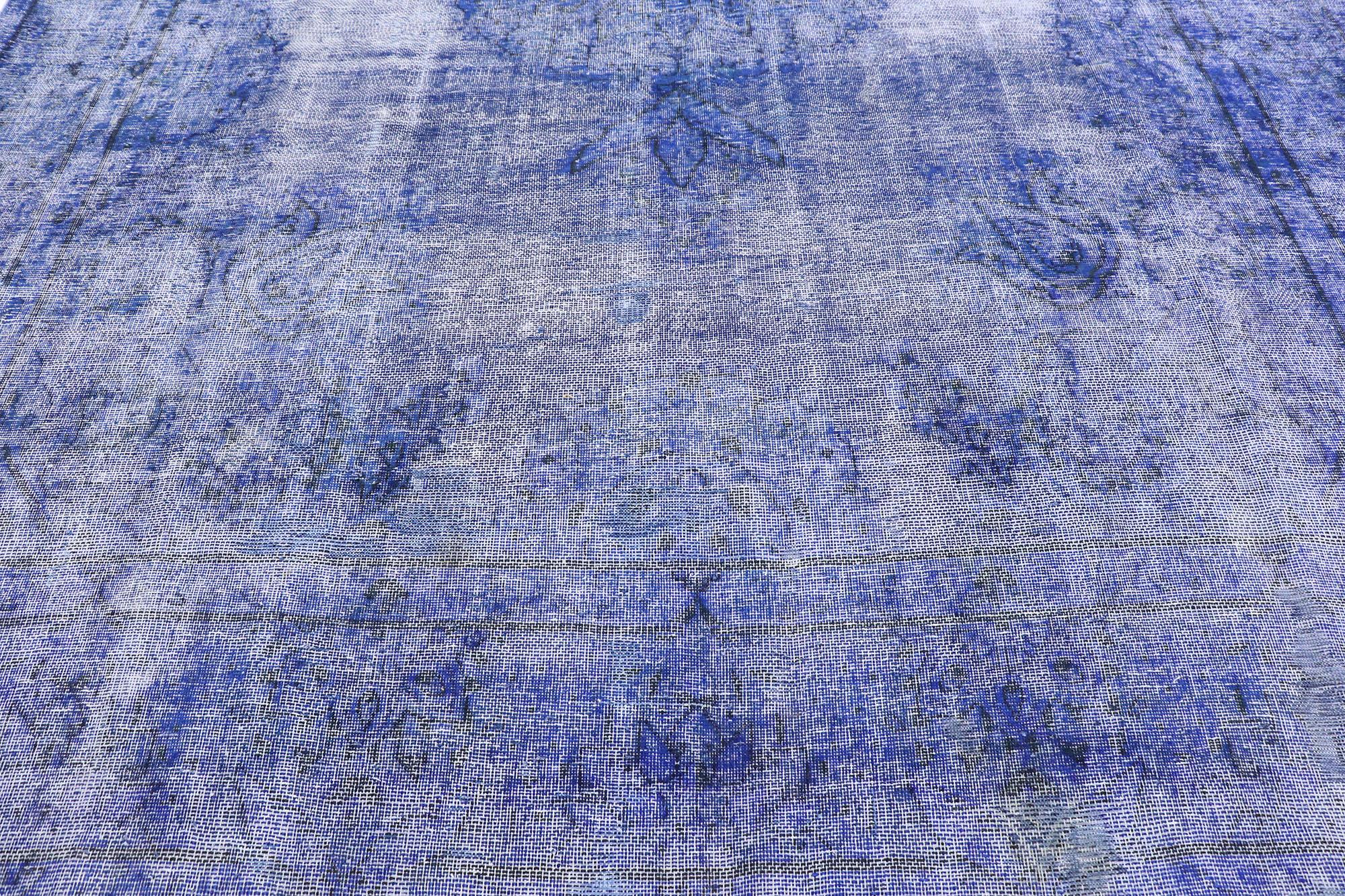 Hand-Knotted Distressed Vintage Blue Overdyed Persian Rug with Modern Style