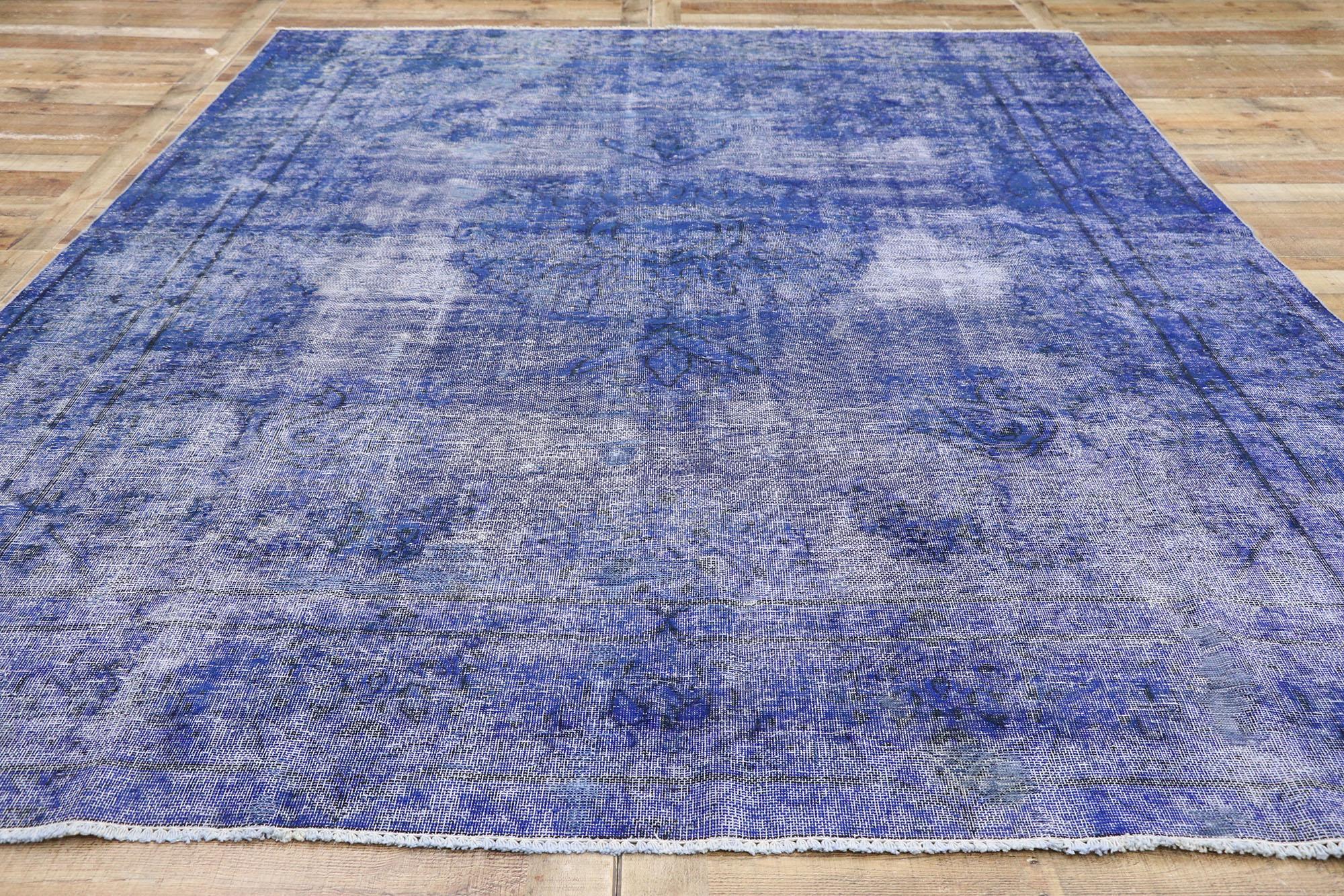 Wool Distressed Vintage Blue Overdyed Persian Rug with Modern Style