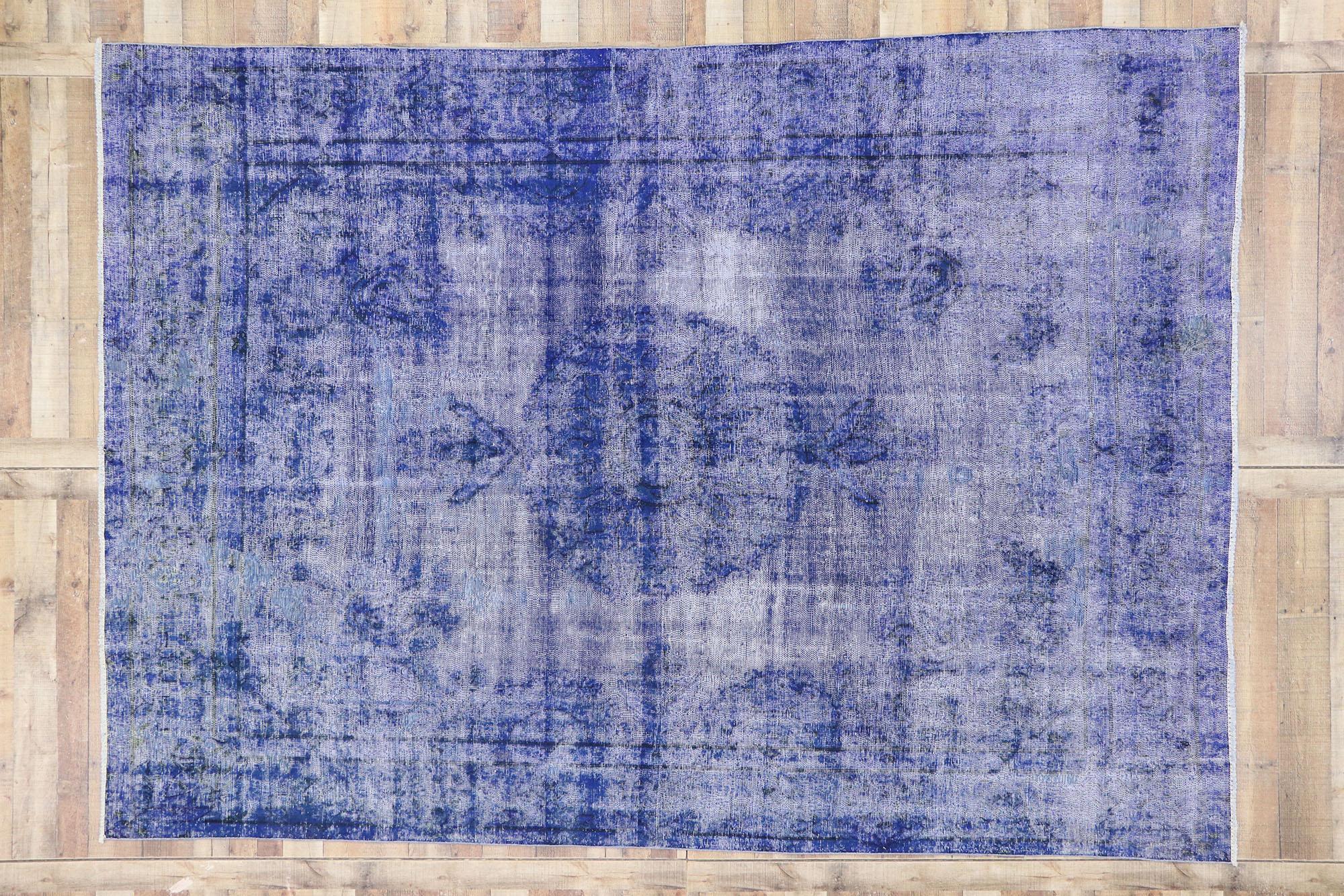 Distressed Vintage Blue Overdyed Persian Rug with Modern Style 1