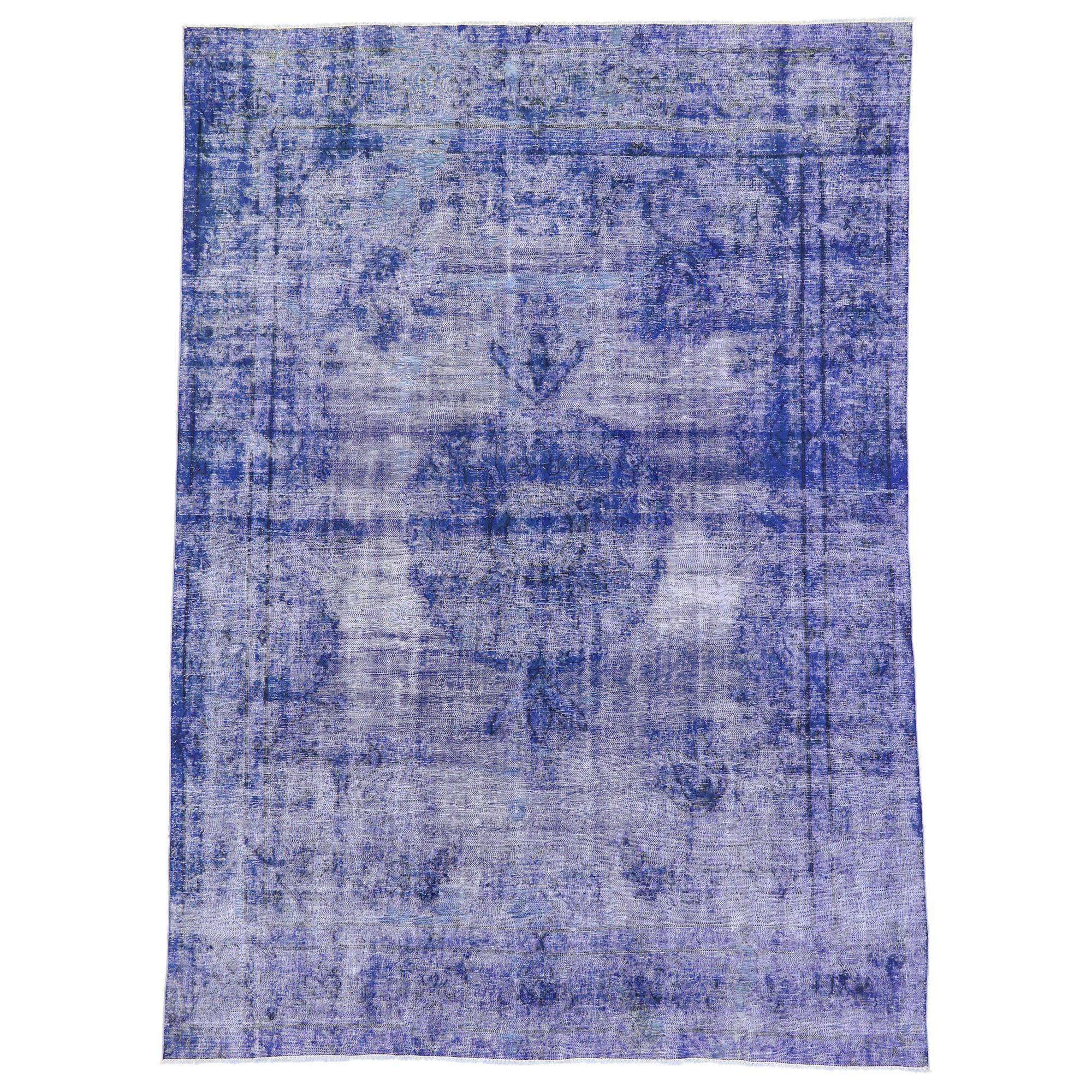 Distressed Vintage Blue Overdyed Persian Rug with Modern Style
