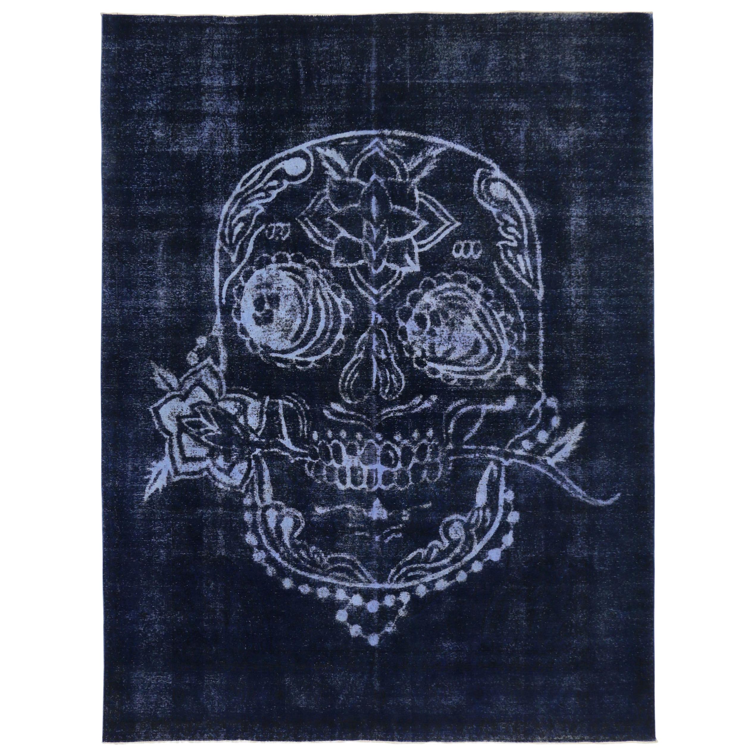 Vintage Blue Overdyed Skull Rug Inspired by Alexander McQueen For Sale