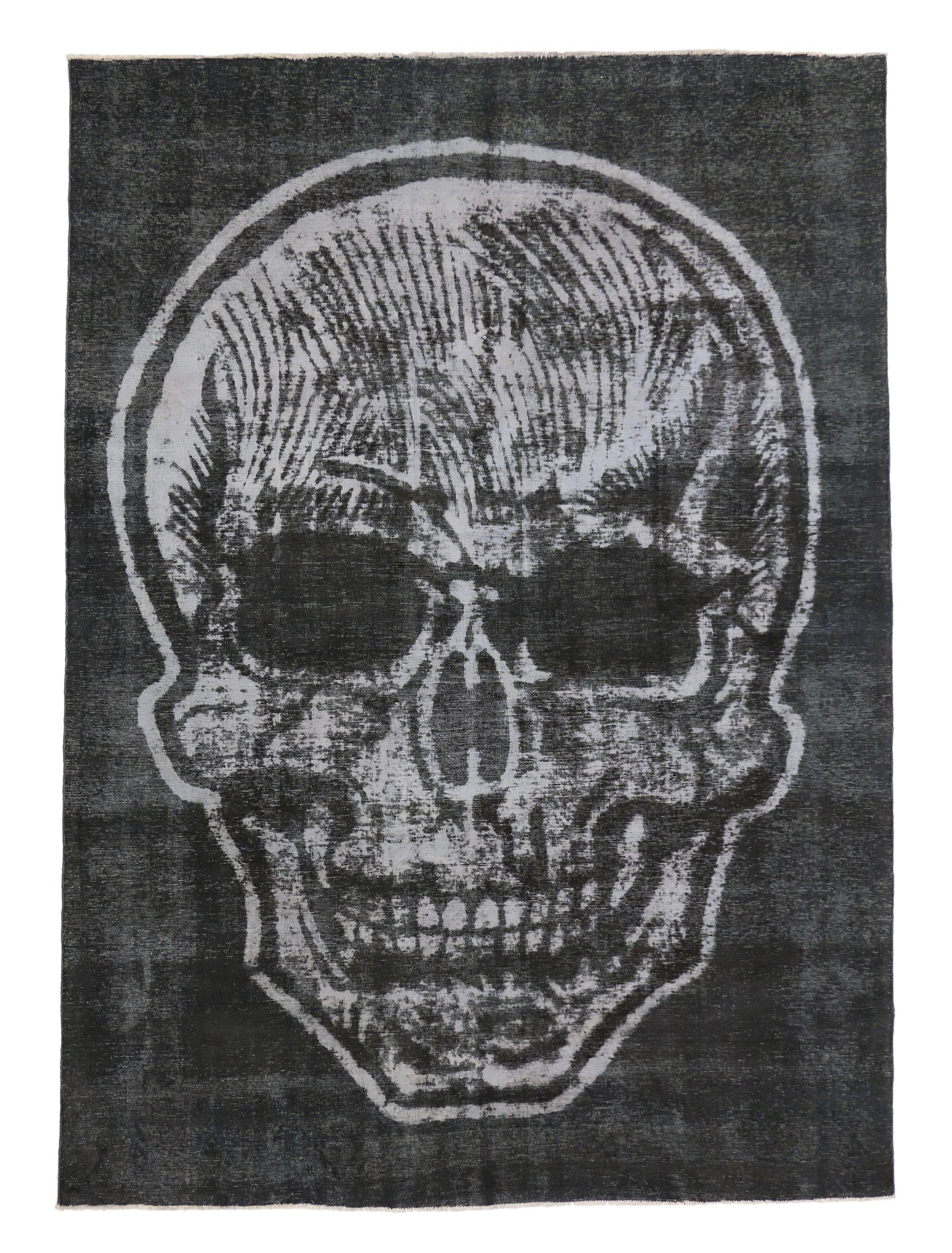 Distressed Vintage Skull Steampunk Style Area Rug Inspired by Alexander McQueen In Distressed Condition For Sale In Dallas, TX