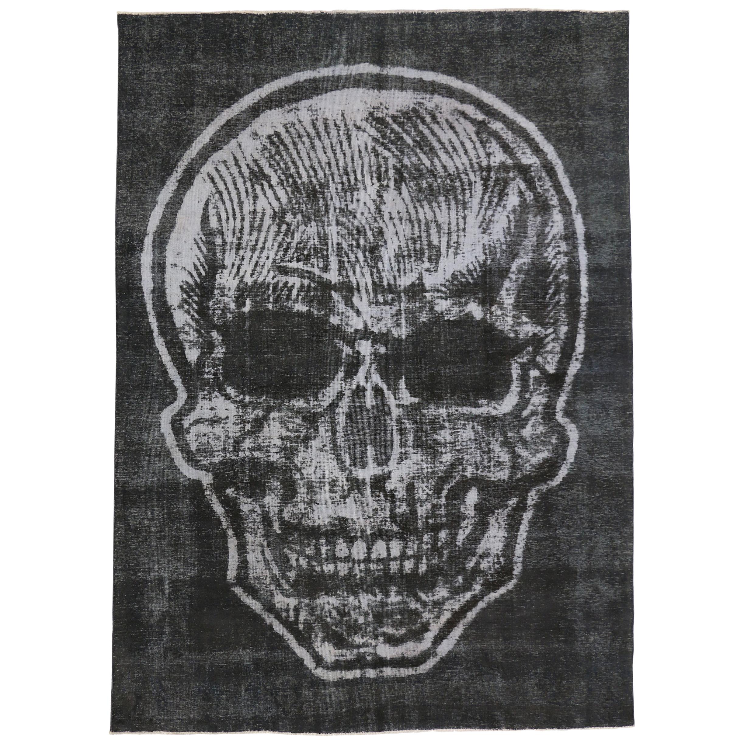 Distressed Vintage Skull Steampunk Style Area Rug Inspired by Alexander McQueen For Sale