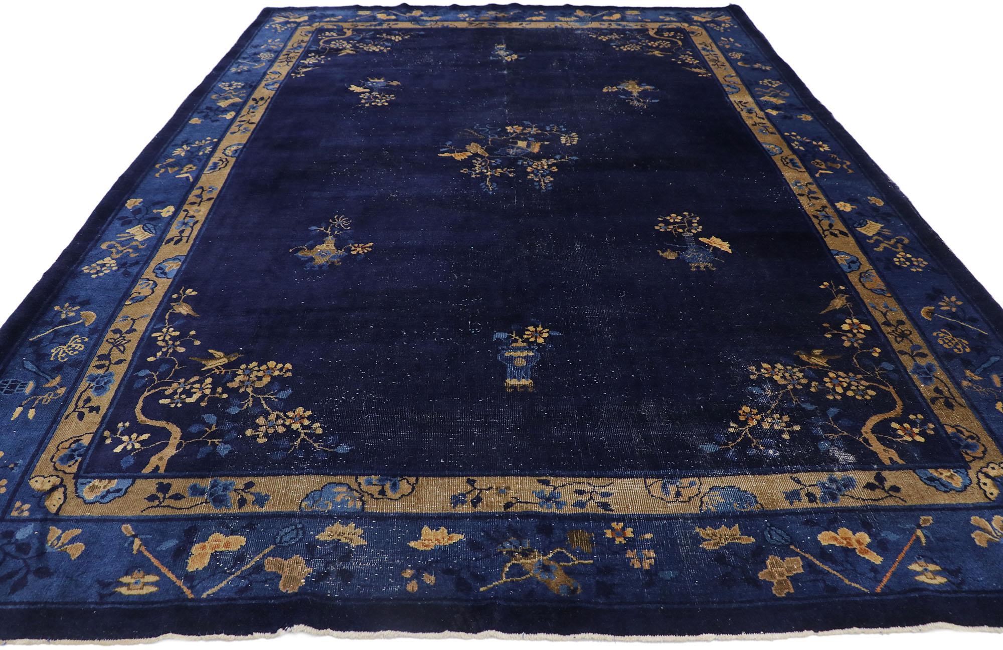 Hand-Knotted Distressed Vintage Chinese Peking Rug with Art Deco Style For Sale