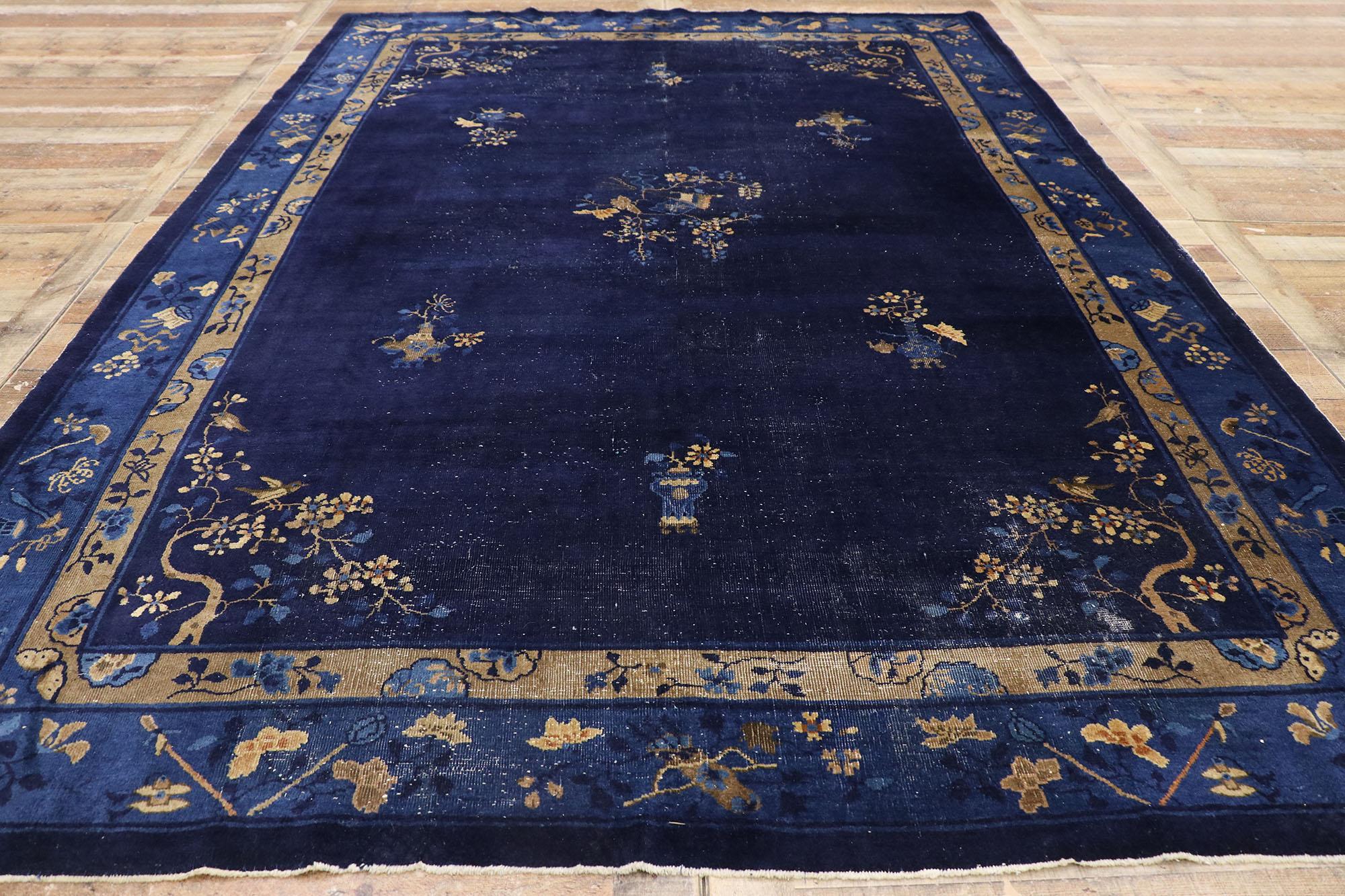 Wool Distressed Vintage Chinese Peking Rug with Art Deco Style For Sale