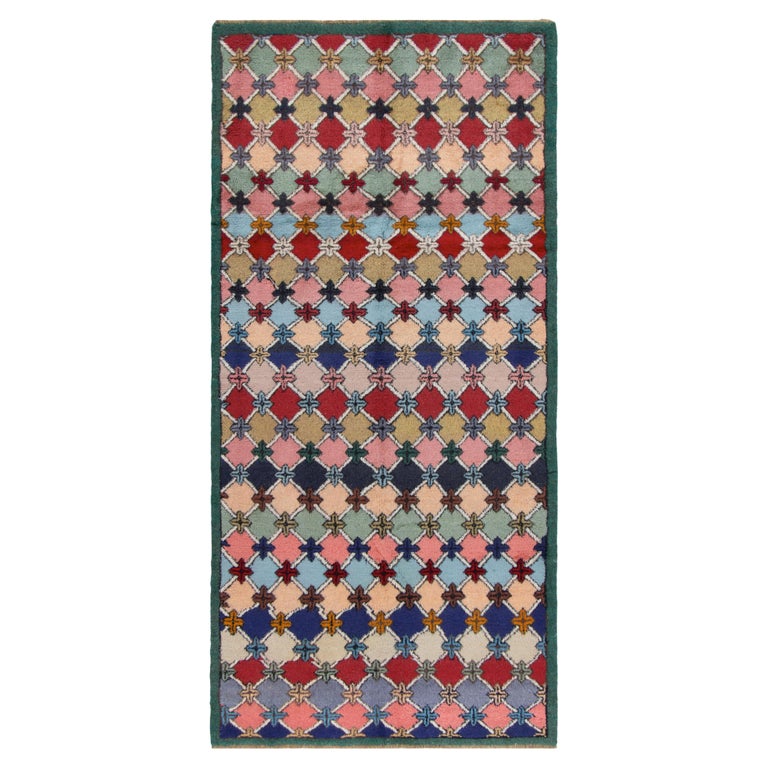 Distressed Vintage Deco Rug in Green, Pale Blue Geometric Pattern by Rug and Kilim For Sale at