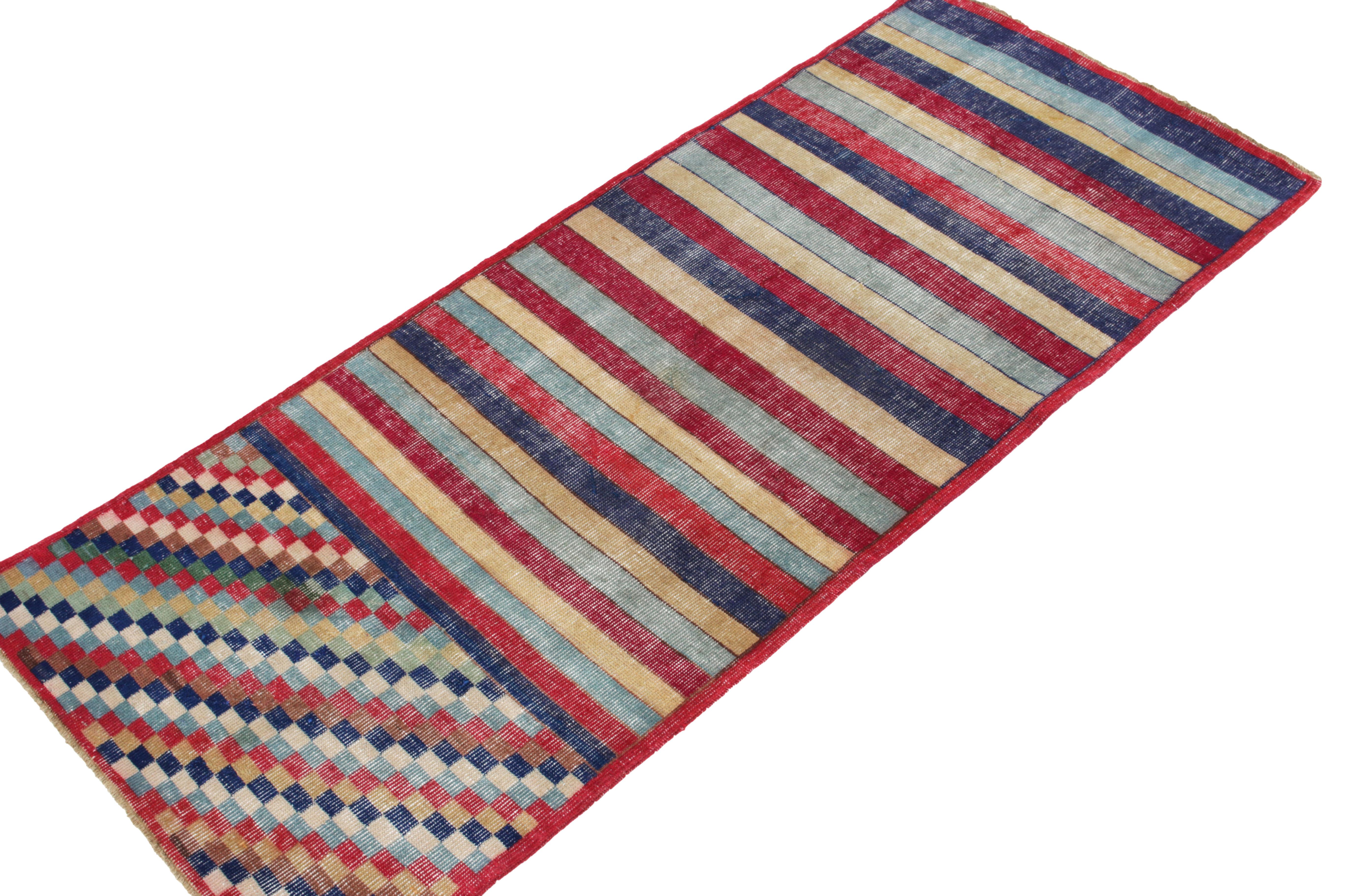 Art Deco Distressed Vintage Deco Runner in Blue, Red Geometric Pattern by Rug & Kilim For Sale