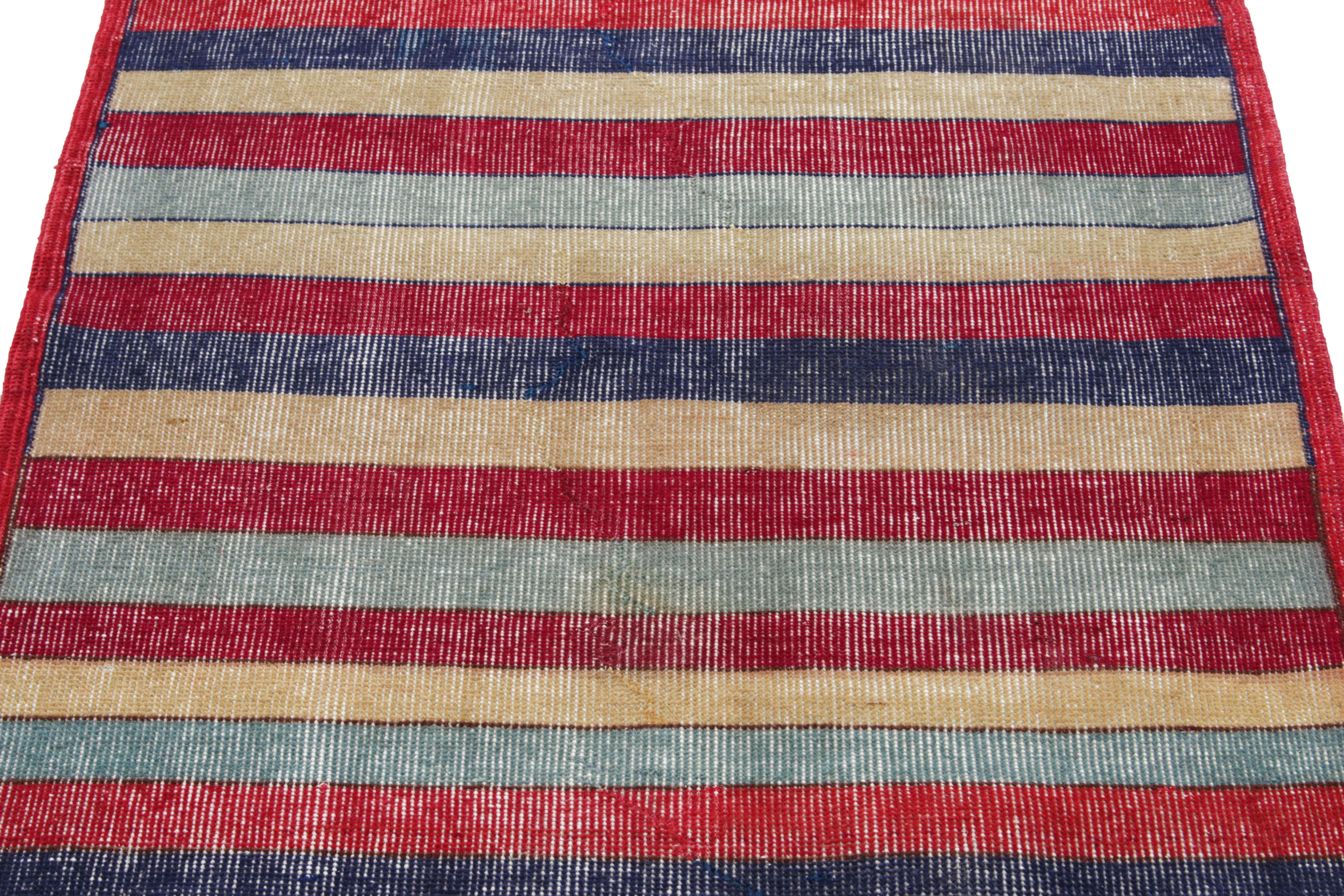 Turkish Distressed Vintage Deco Runner in Blue, Red Geometric Pattern by Rug & Kilim For Sale