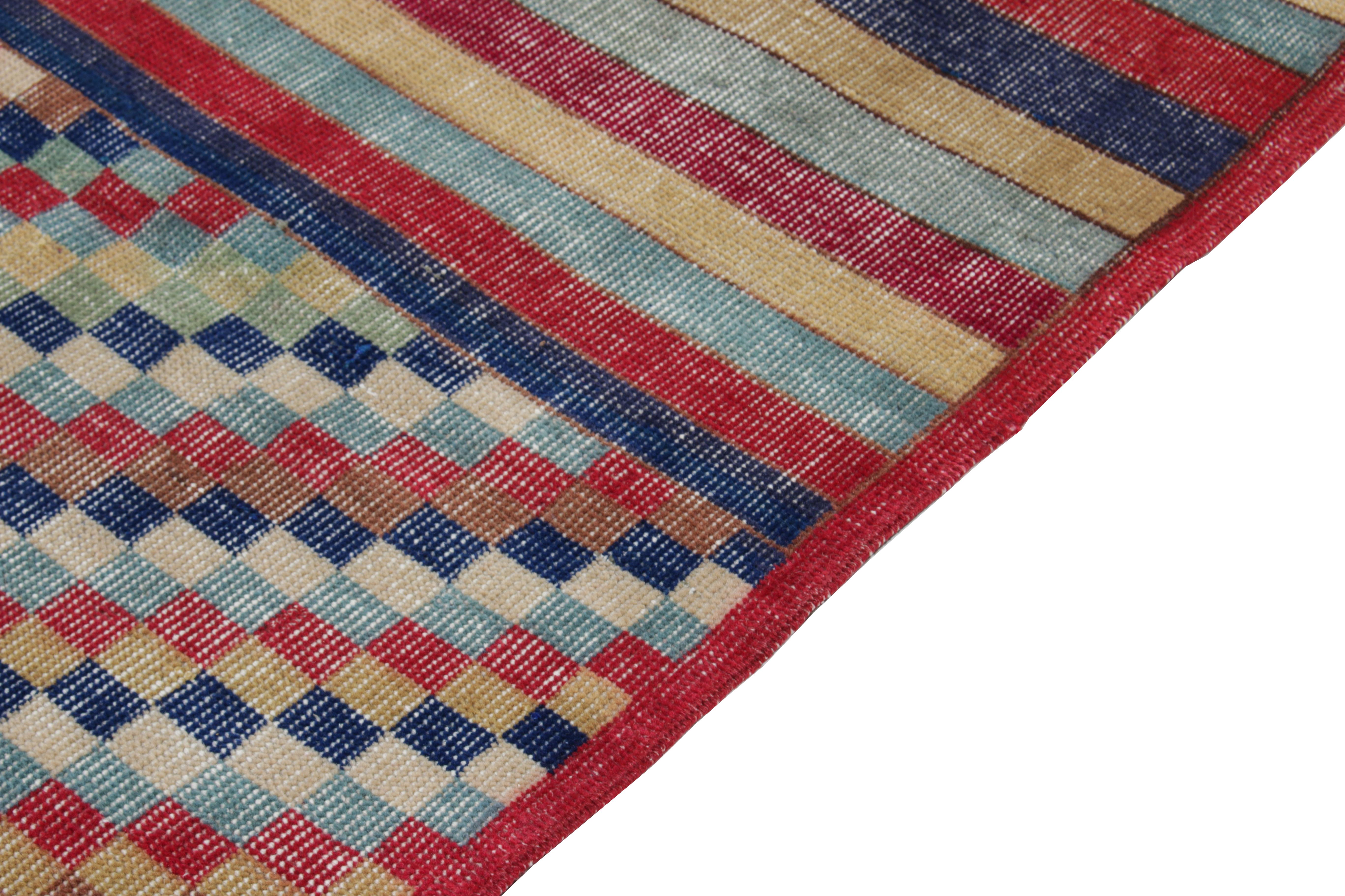 Hand-Knotted Distressed Vintage Deco Runner in Blue, Red Geometric Pattern by Rug & Kilim For Sale