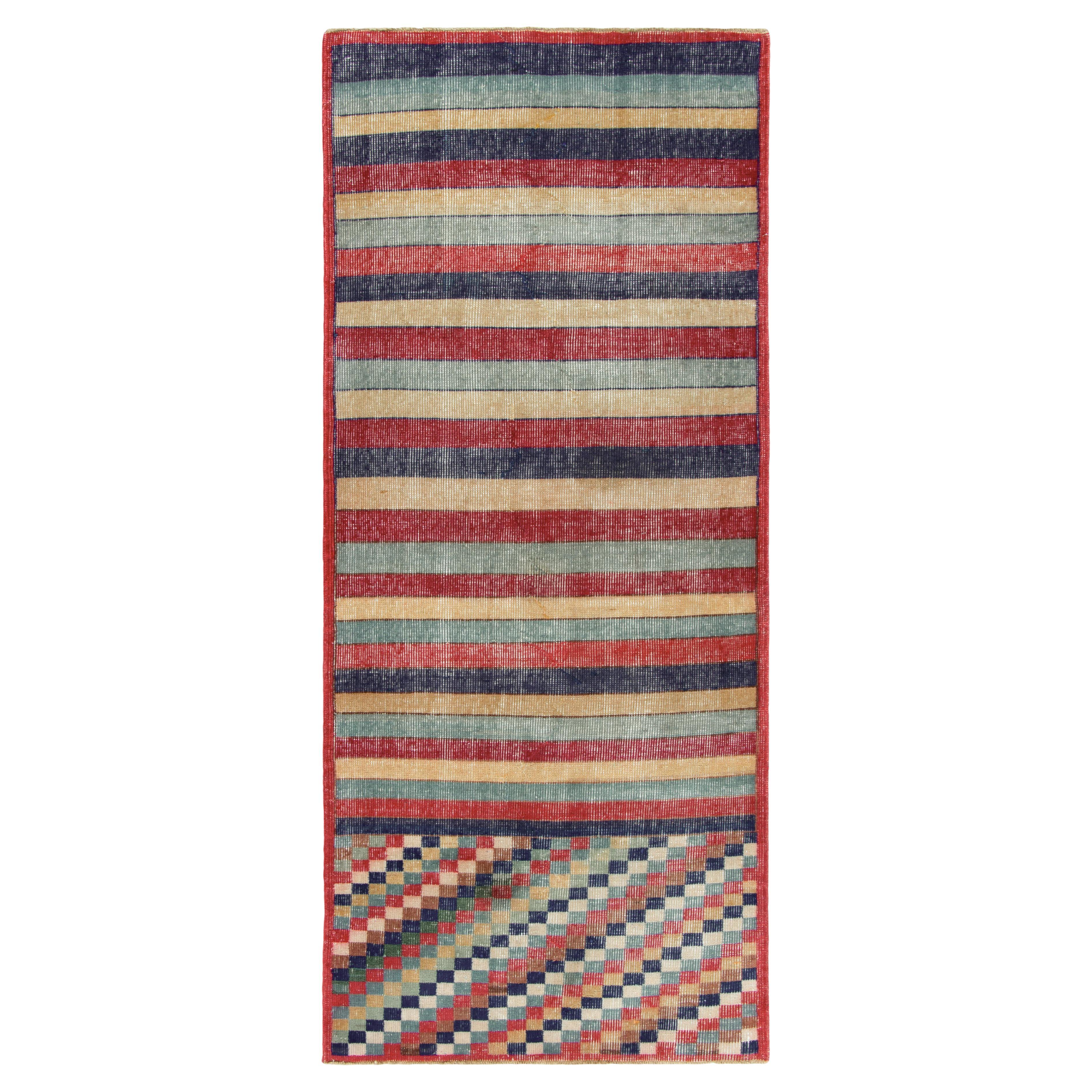 Distressed Vintage Deco Runner in Blue, Red Geometric Pattern by Rug & Kilim For Sale