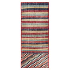 Distressed Vintage Deco Runner in Blue, Red Geometric Pattern by Rug & Kilim