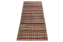 Distressed Vintage Deco Runner in Green, Pink Chevron Pattern by Rug & Kilim
