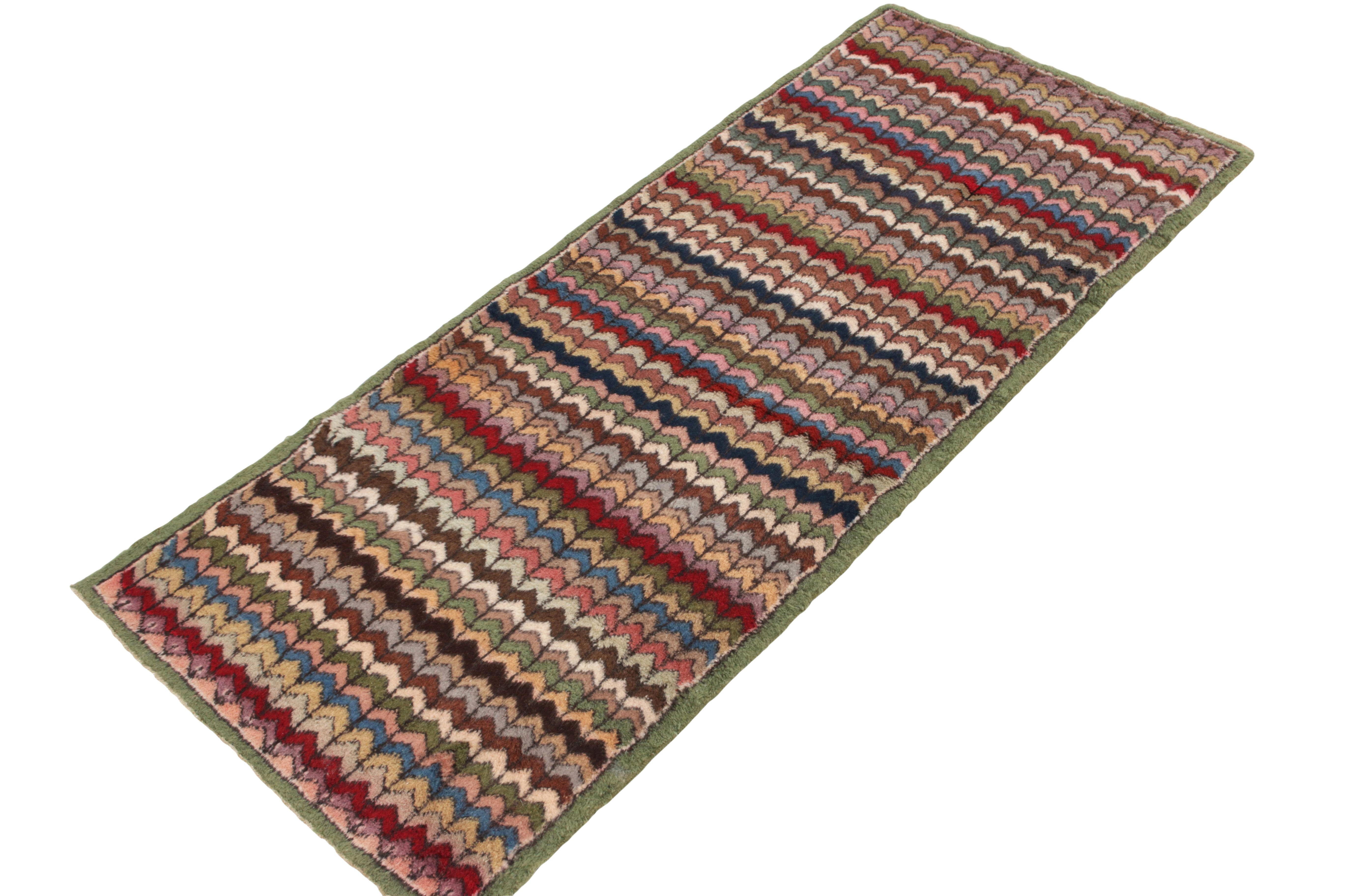 Tribal Distressed Vintage Deco Runner in Green, Pink Chevron Pattern by Rug & Kilim For Sale