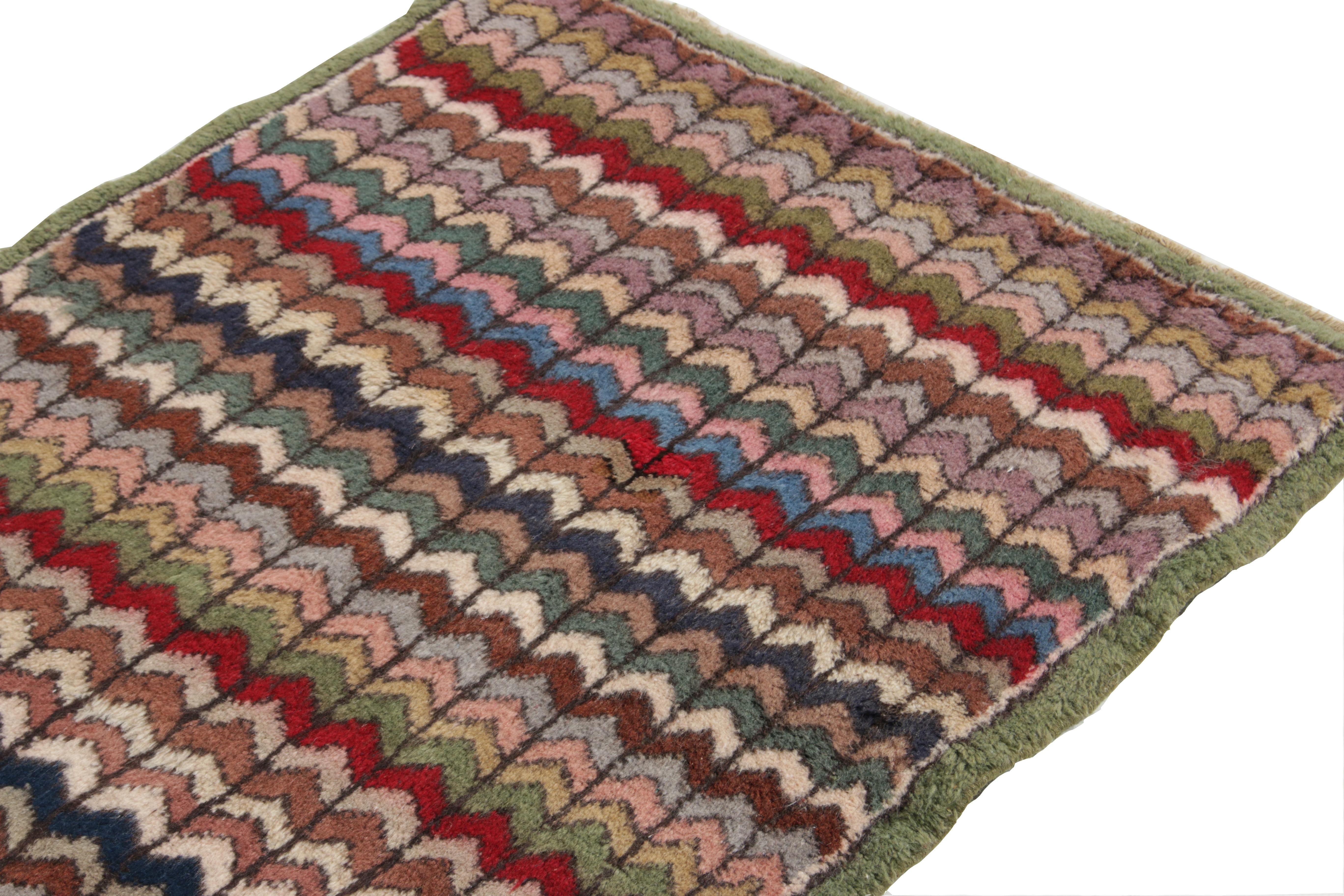 Hand-Knotted Distressed Vintage Deco Runner in Green, Pink Chevron Pattern by Rug & Kilim For Sale