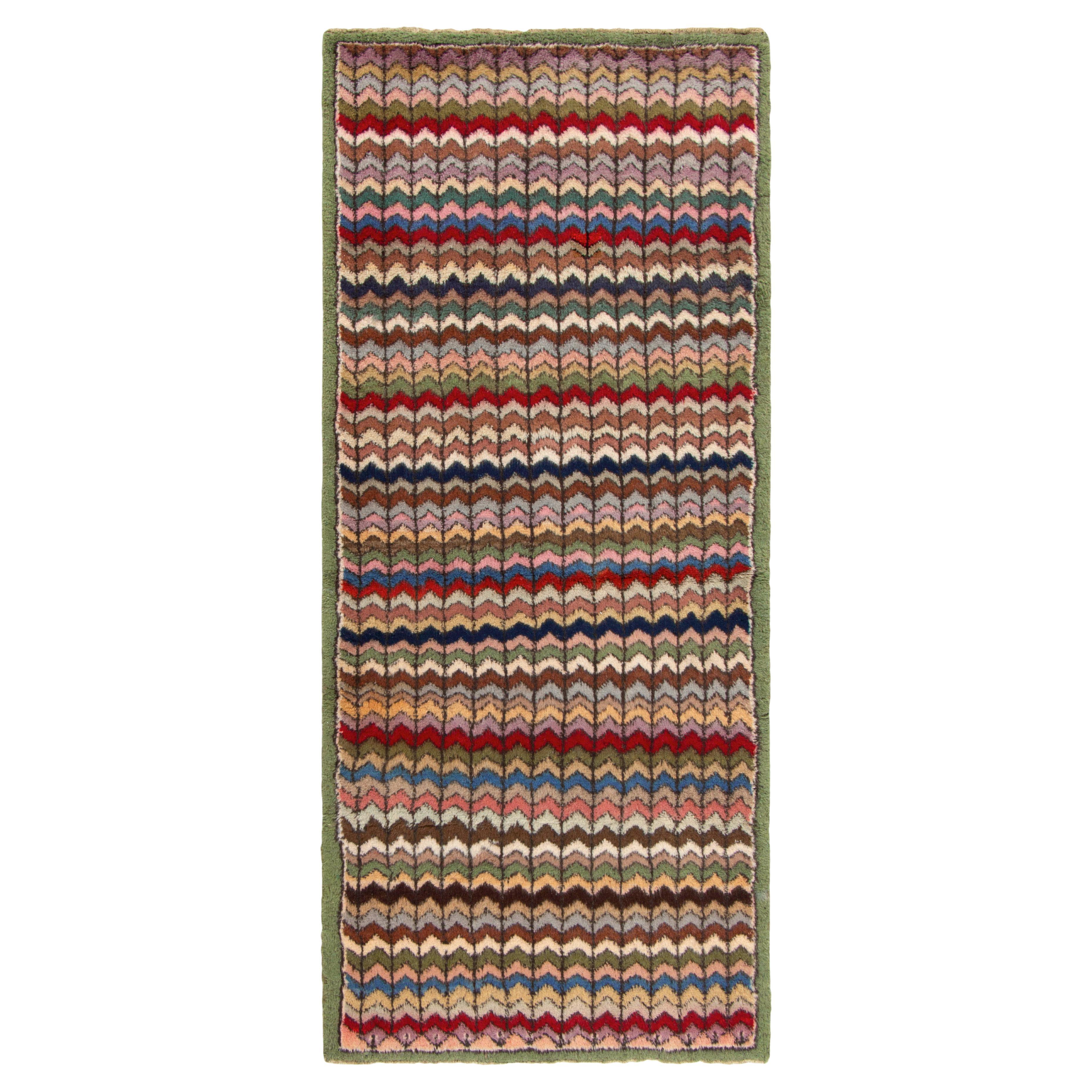Distressed Vintage Deco Runner in Green, Pink Chevron Pattern by Rug & Kilim For Sale
