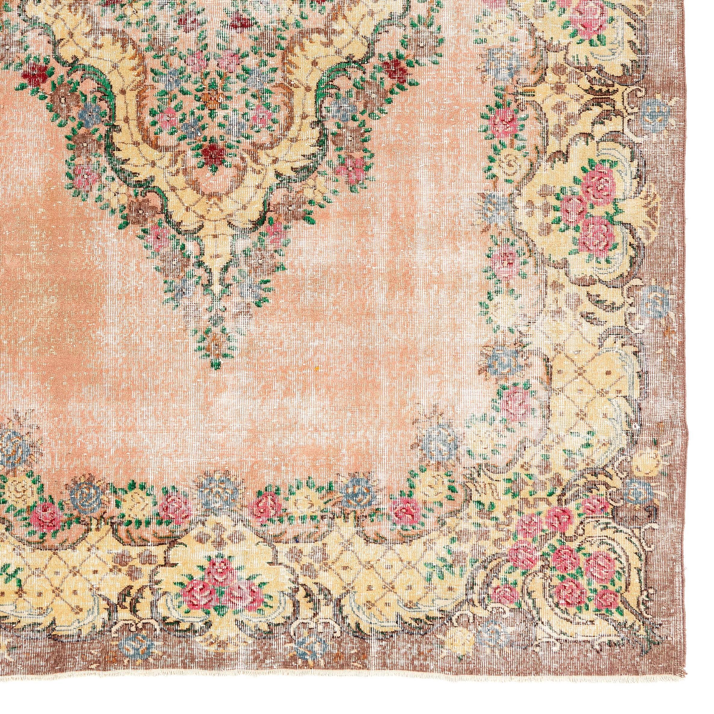 Oushak Distressed Vintage Floral Ghiordes Rug, 7.4x11 Ft Traditional Handmade Carpet