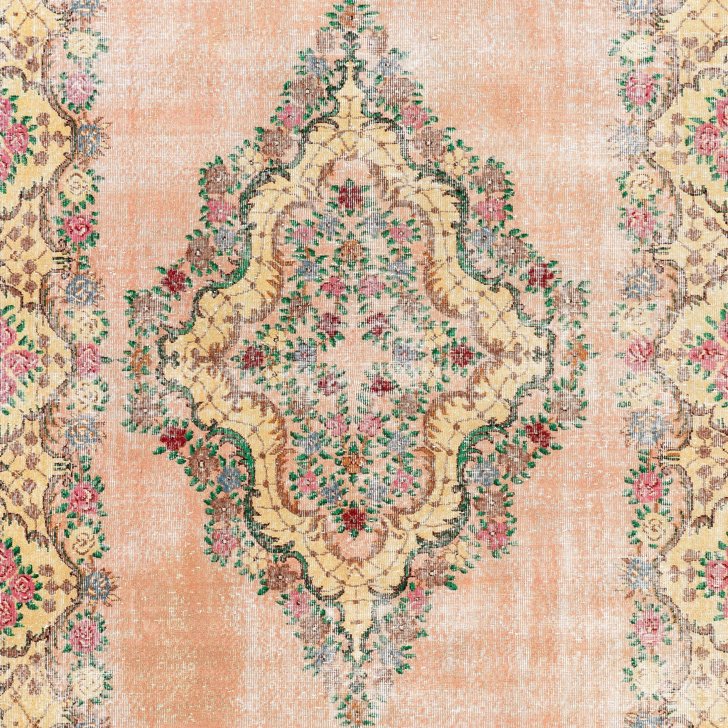 Turkish Distressed Vintage Floral Ghiordes Rug, 7.4x11 Ft Traditional Handmade Carpet