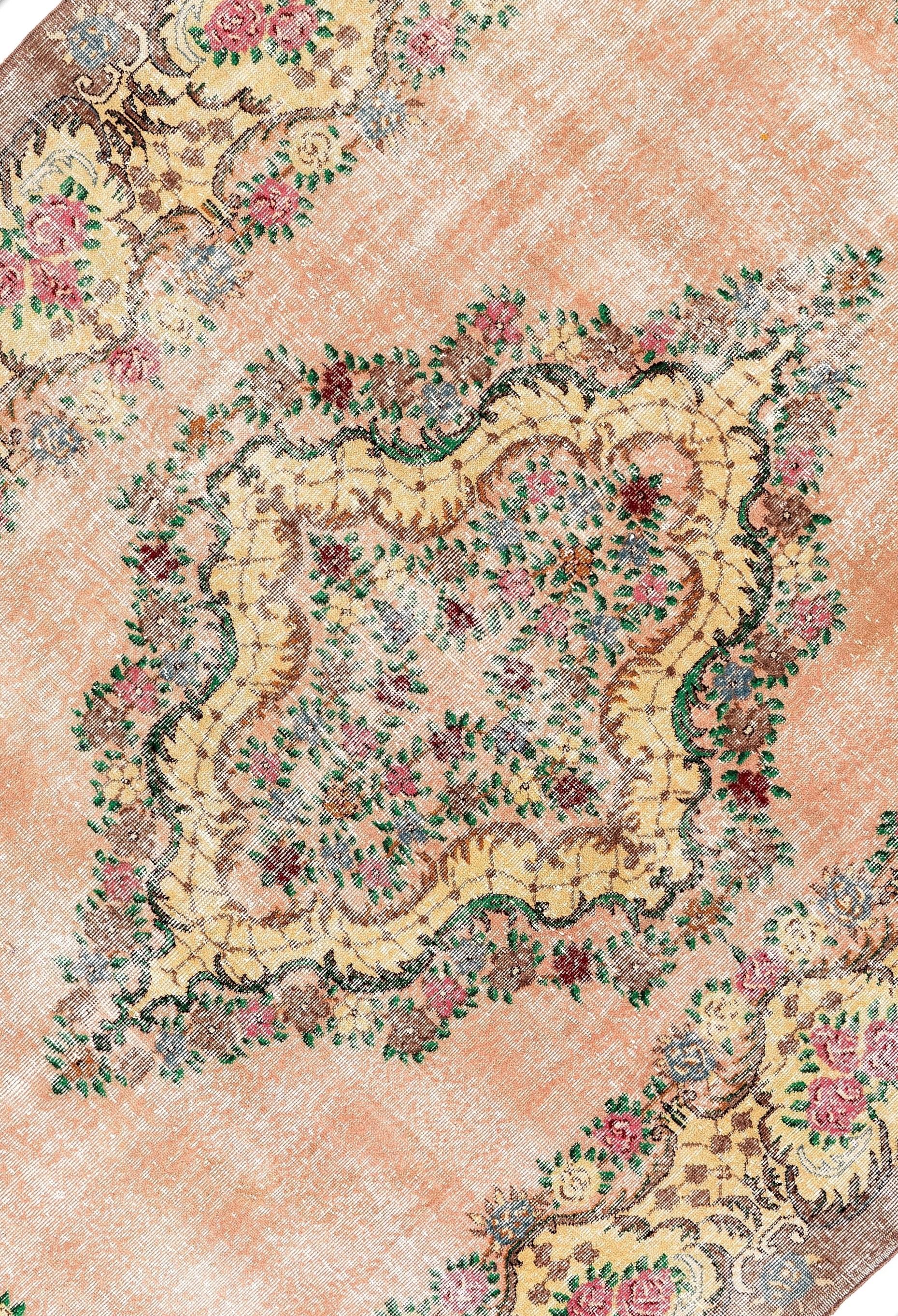 Hand-Woven Distressed Vintage Floral Ghiordes Rug, 7.4x11 Ft Traditional Handmade Carpet