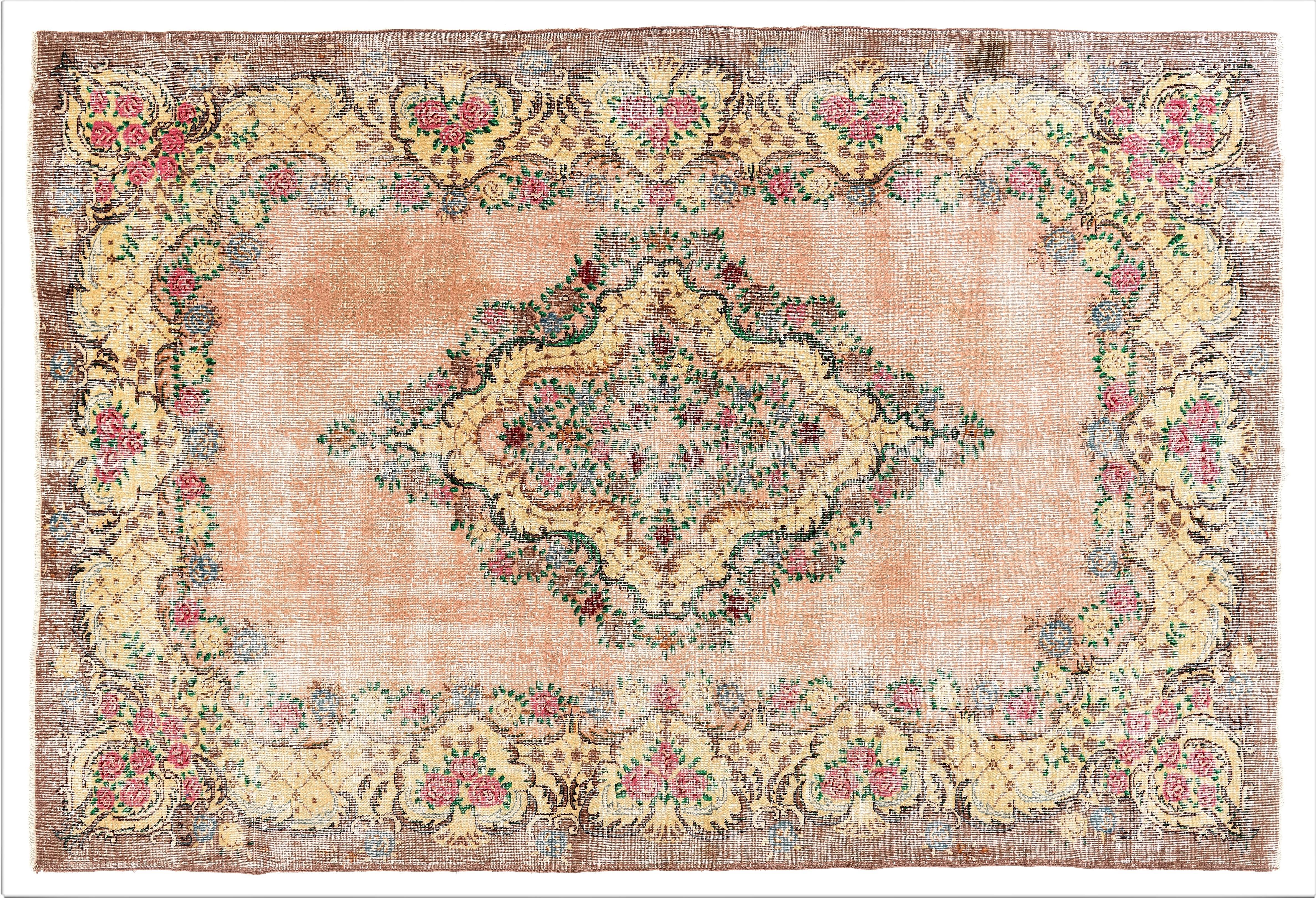 Distressed Vintage Floral Ghiordes Rug, 7.4x11 Ft Traditional Handmade Carpet In Good Condition In Philadelphia, PA