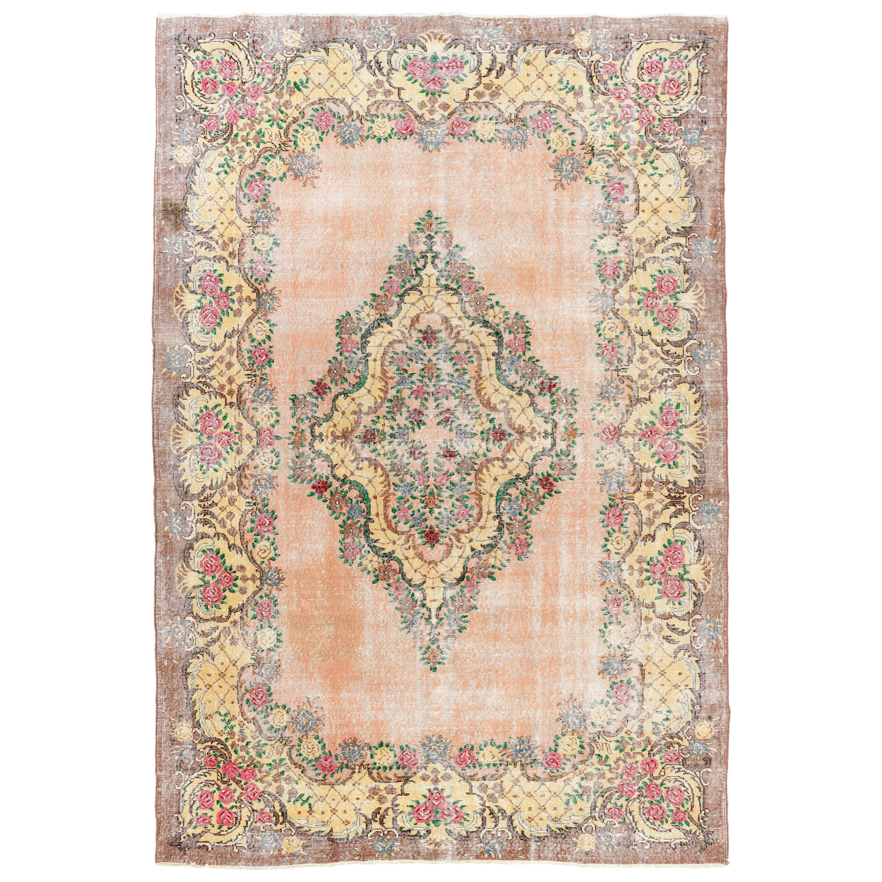 Distressed Vintage Floral Ghiordes Rug, 7.4x11 Ft Traditional Handmade Carpet