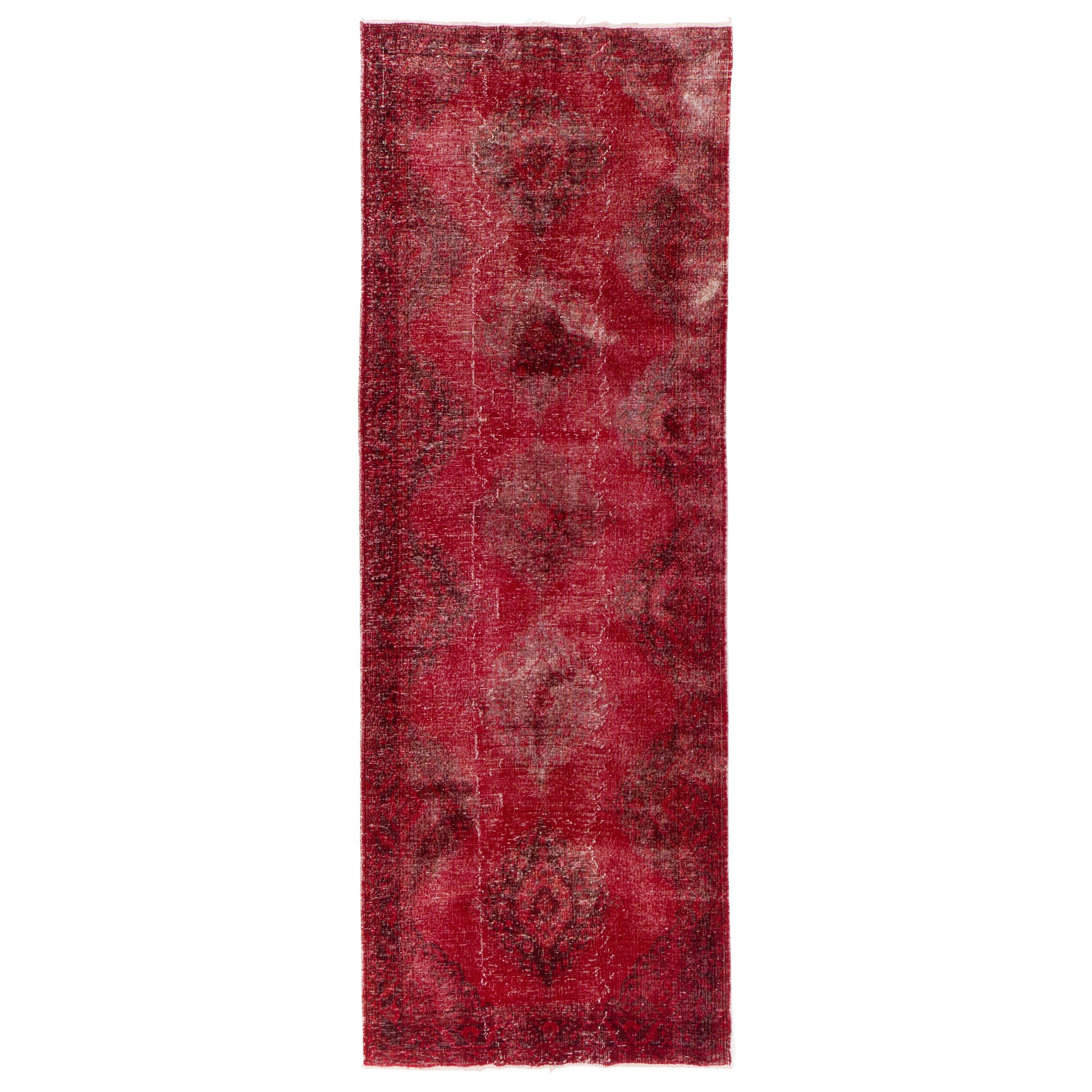 4.8x13 Ft Distressed Vintage Turkish Runner Rug in Red. Modern Handmade Carpet For Sale