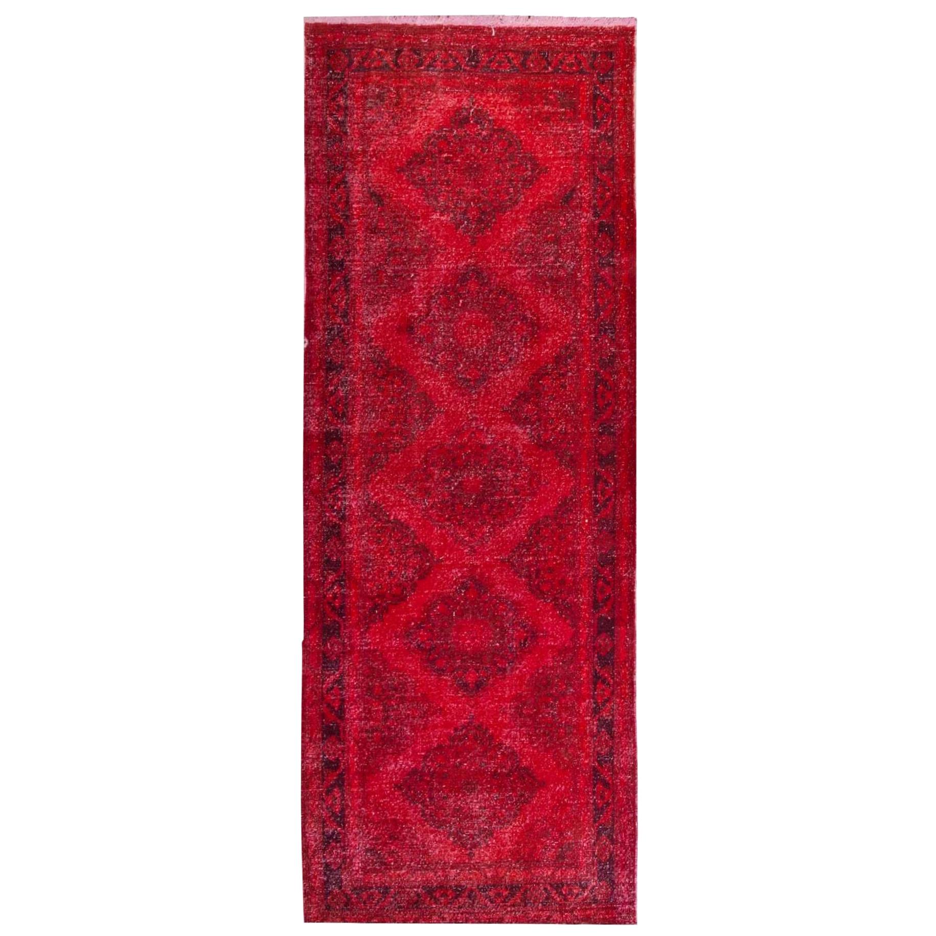 Tapis de couloir de couloir turc vintage teint en rouge avec 4 intérieurs modernes de 4,6 x 12,7 m