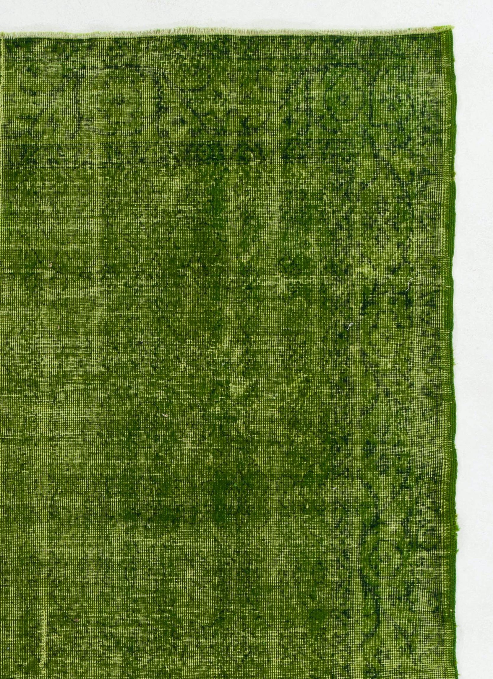Turkish 6.8x10 Ft Vintage Wool Rug OverDyed in Green Color. Great 4 Modern Interiors
