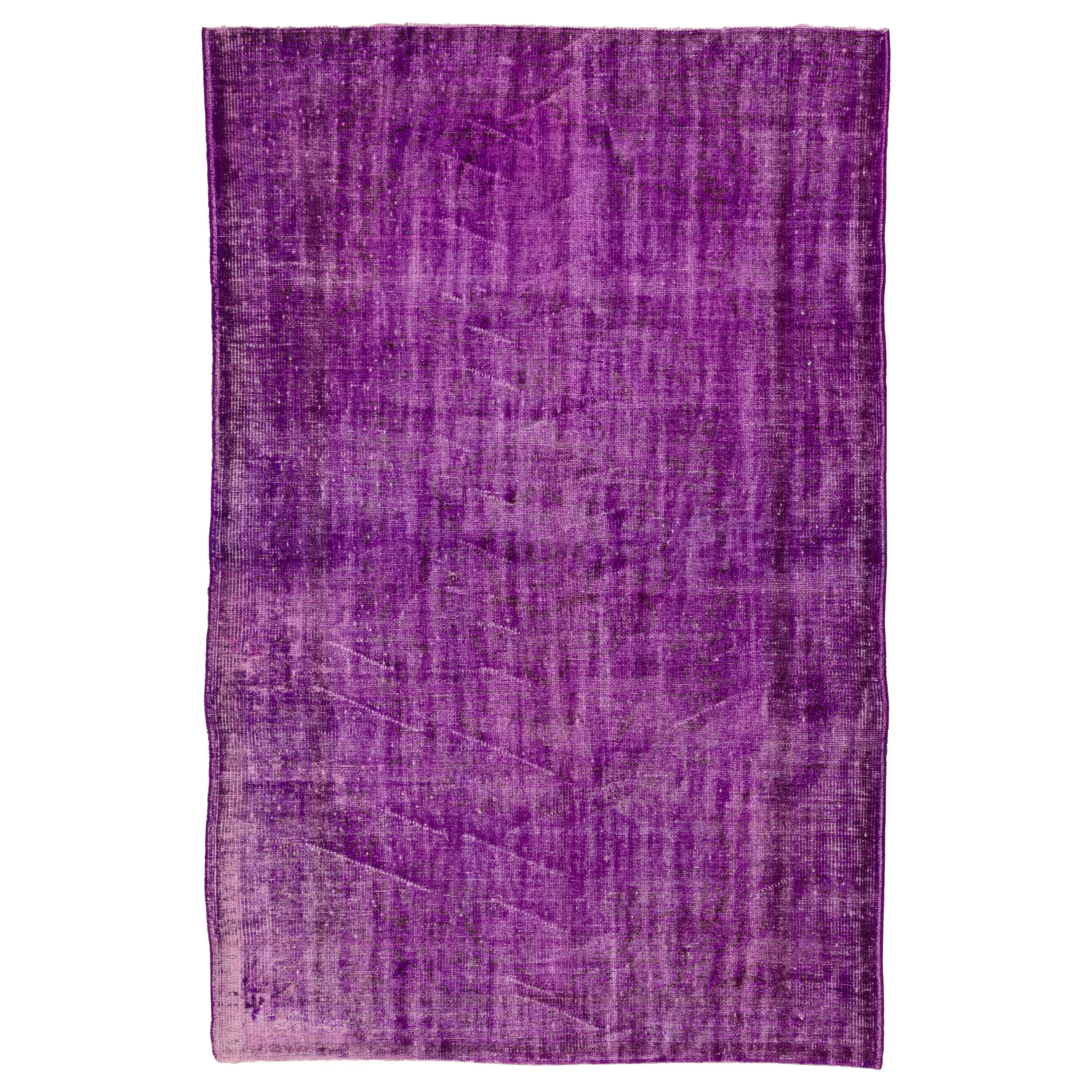4x7 Ft Handmade Vintage Turkish Rug ReDyed in Purple Color for Modern