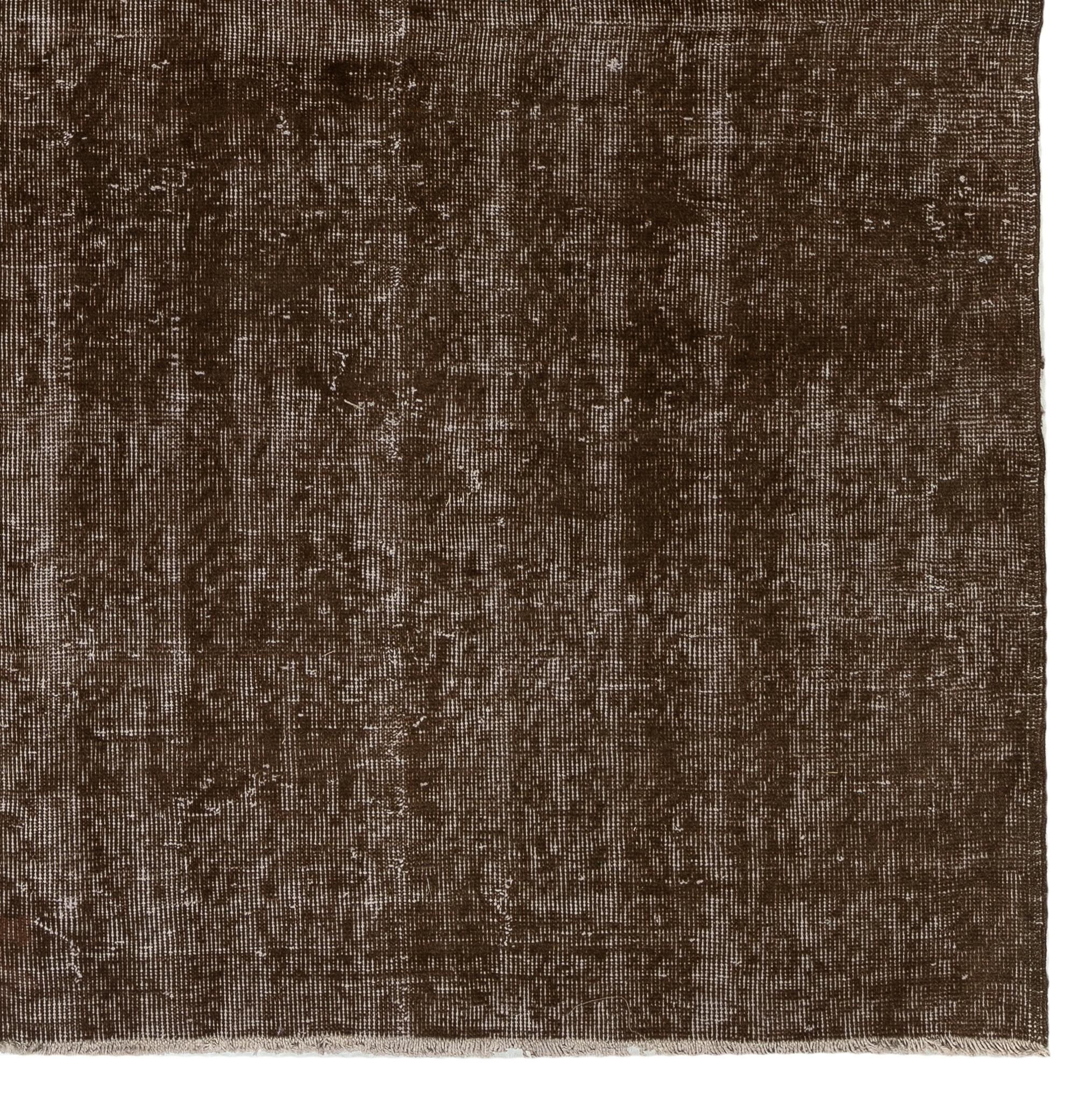 Hand-Woven 7.2x10.2 Ft Distressed Vintage Handmade Anatolian Rug Over-Dyed in Brown Color