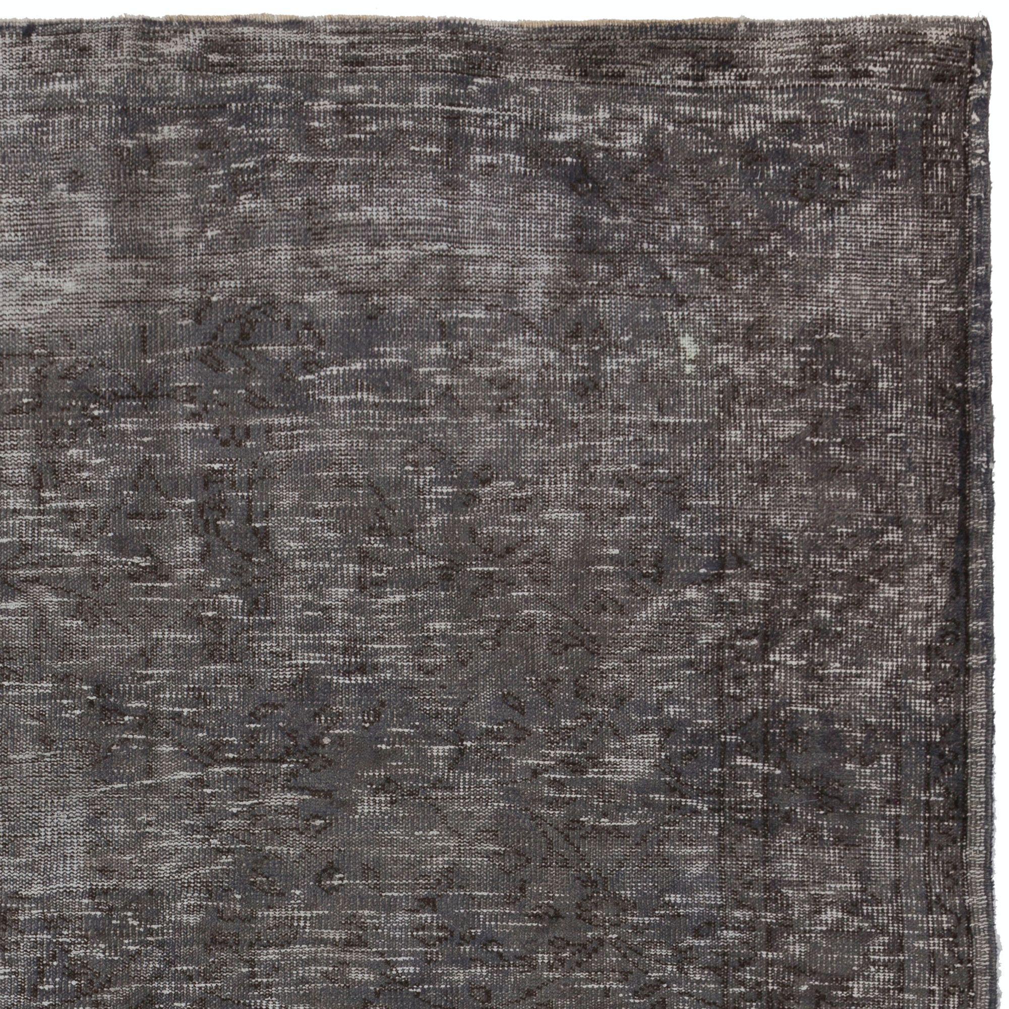 Modern 6x9 Ft Distressed Vintage Area Rug Overdyed in Gray, Handknotted in Turkey For Sale
