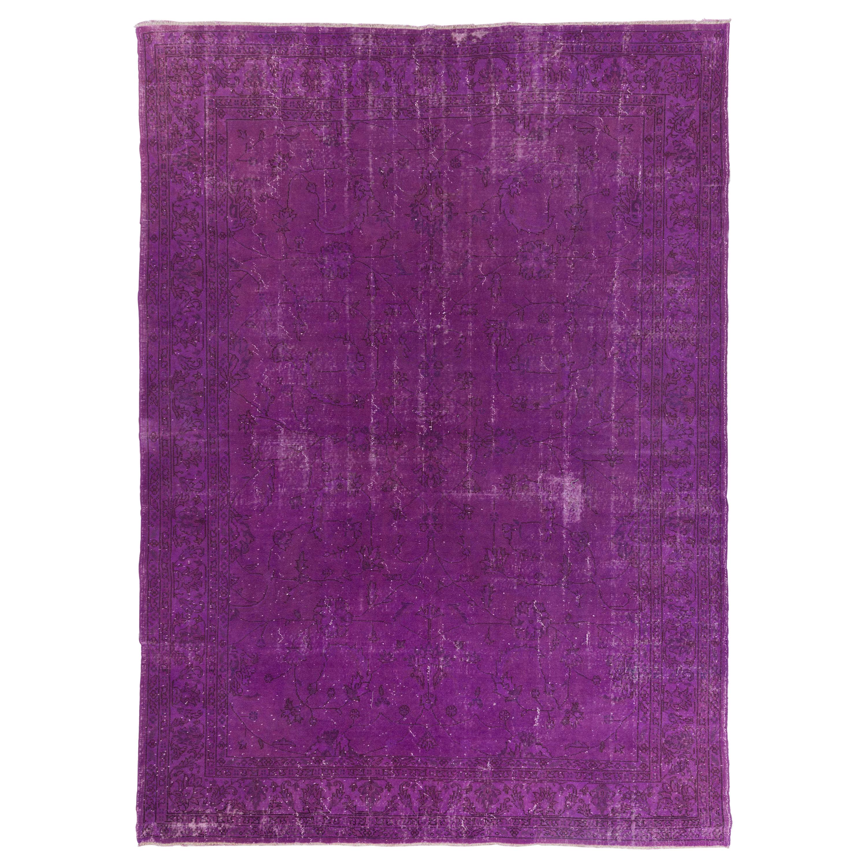 8.2x11.5 Ft Handmade Turkish Area Rug in Solid Purple Color, Vintage Wool Carpet