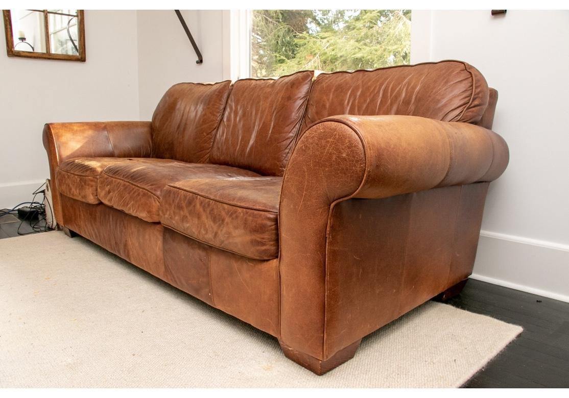 Mid-Century Modern Distressed Vintage Leather Sofa
