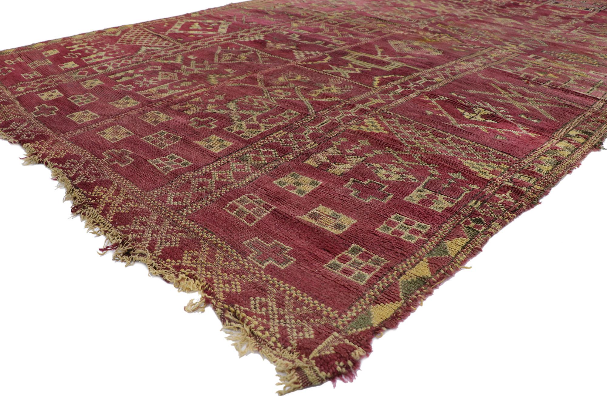 21266 Distressed Vintage Berber Moroccan Rug, 06'08 x 11'00.
Weathered beauty meets boho bungalow in this hand-knotted wool vintage Moroccan rug. The distinctive tribal elements and zesty earth-tone colors woven into this piece work together