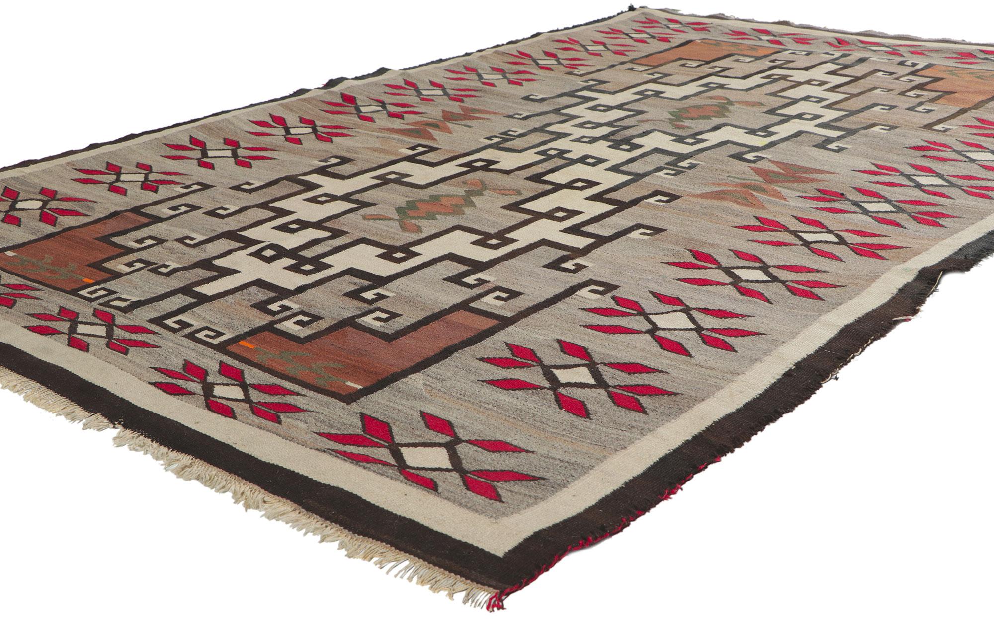 78293 Distressed Vintage Navajo Kilim rug with Native American Style, 04'07 x 07'00. With its bold expressive design, incredible detail and texture, this hand-woven wool vintage Navajo Kilim rug is a captivating vision of woven beauty highlighting