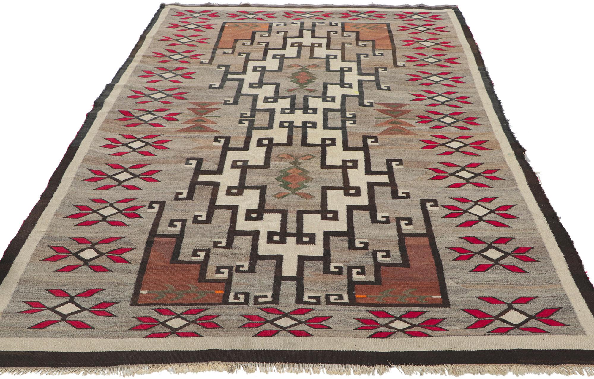 Hand-Woven Distressed Vintage Navajo Kilim Rug with Native American Style For Sale