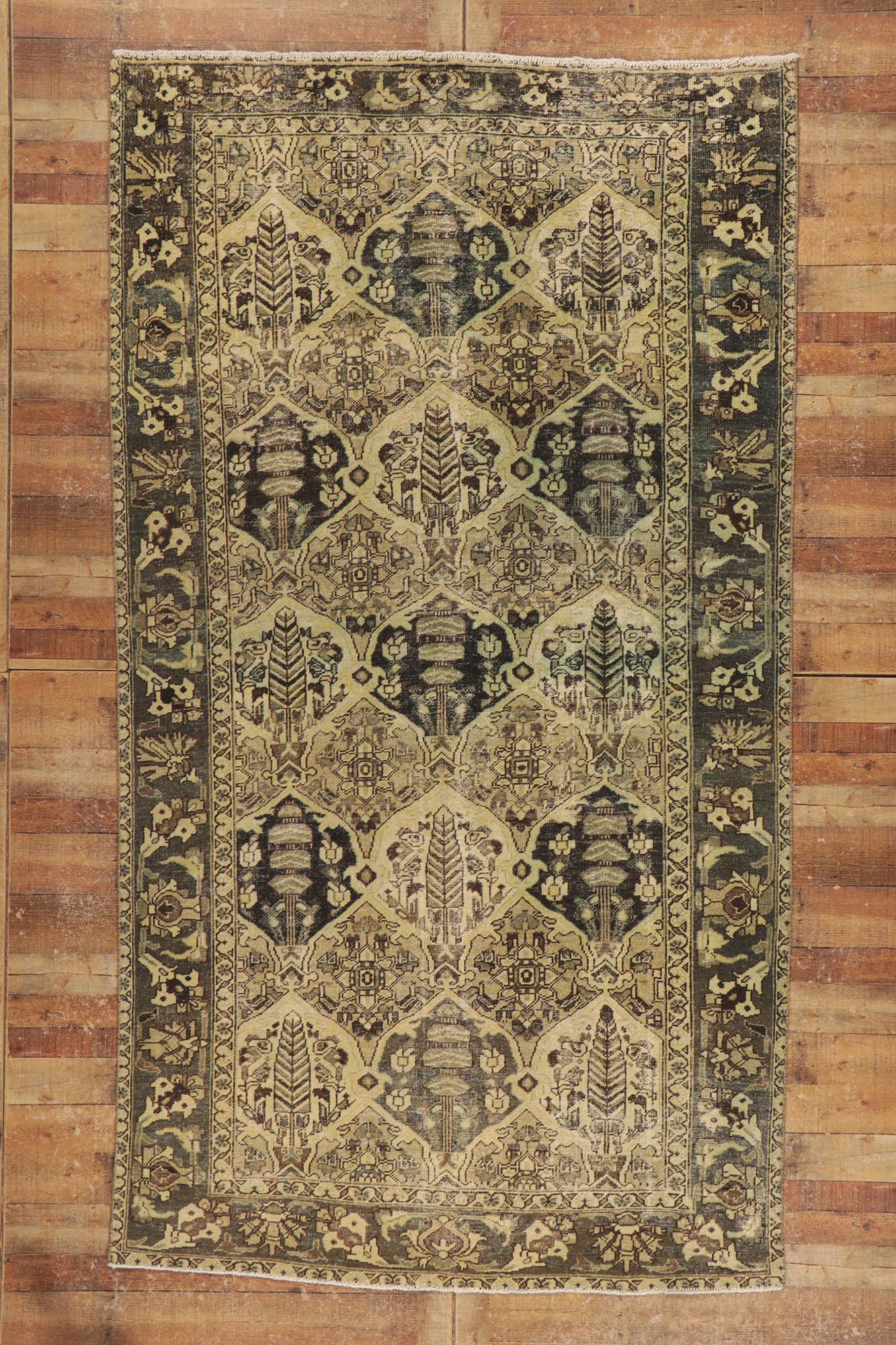 Distressed Vintage Persian Bakhtiari Rug with Garden Design For Sale 1